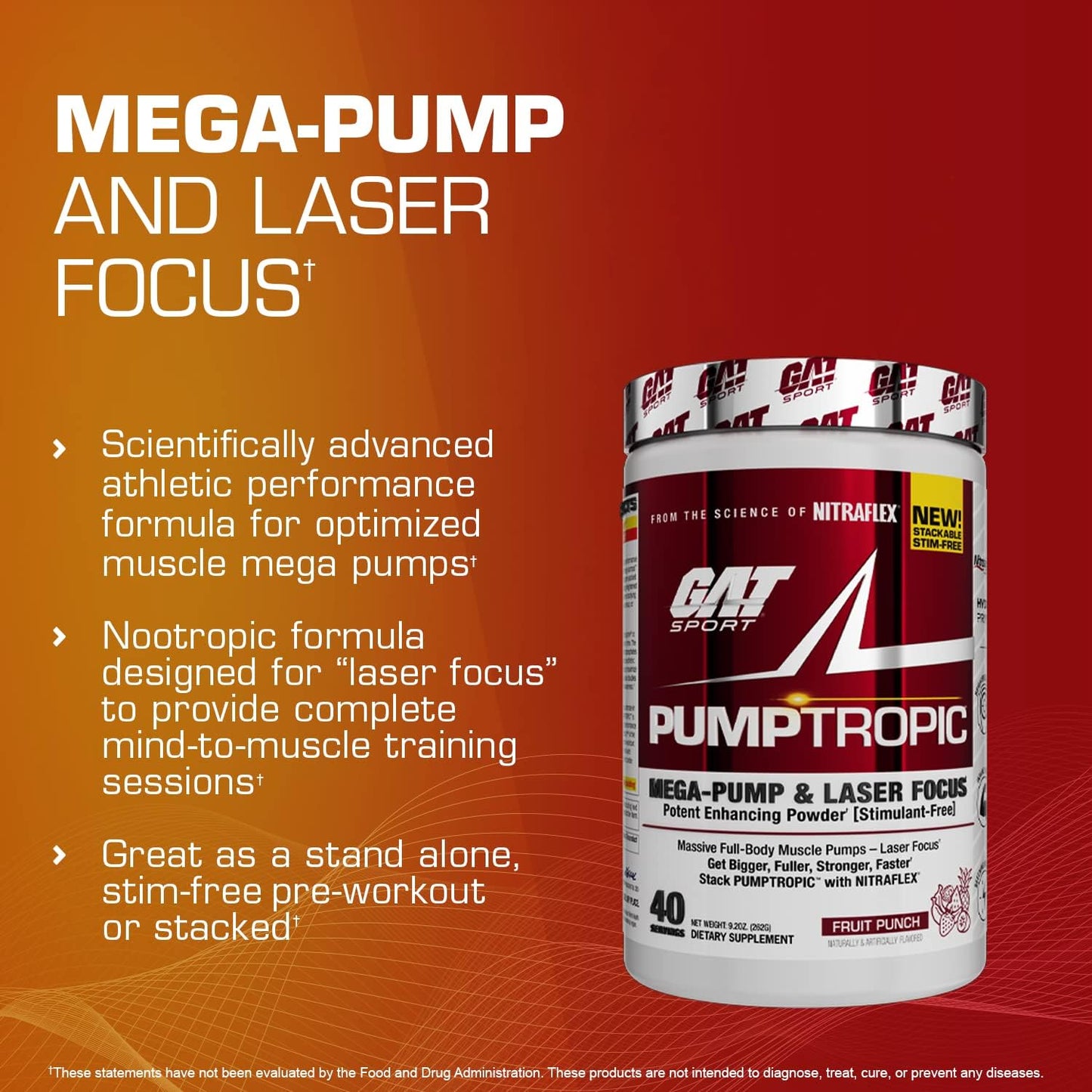 GAT Sport Pumptropic Mega-Pump & Laser Focus Powder, 40 Servings - Strawberry Mango Flavor
