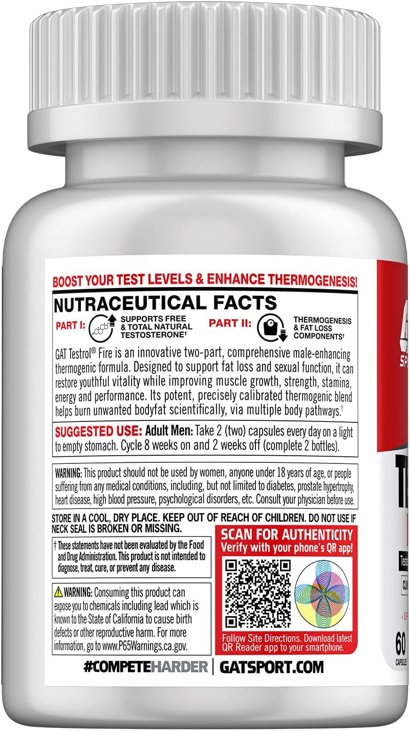 GAT SPORT Testrol Fire Supplement Capsules - 60 Count