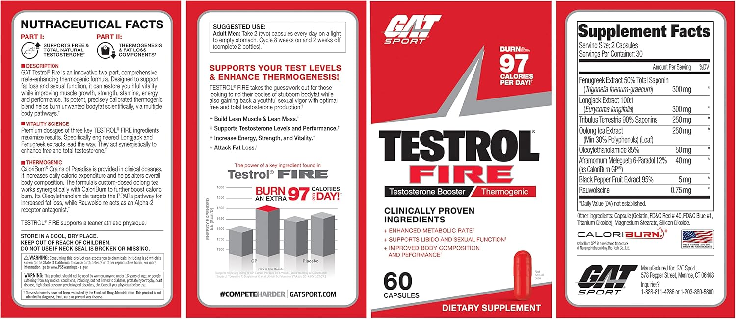 GAT SPORT Testrol Fire Supplement Capsules - 60 Count