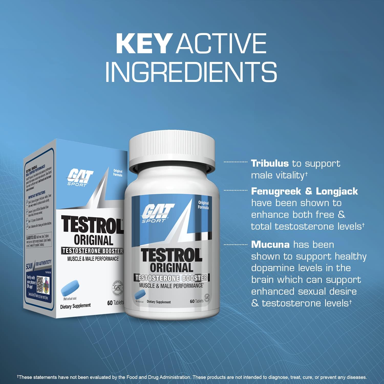 GAT Sport Testrol Original Test Booster for Male Performance and Vitality with Tribulus, Zinc, and Magnesium - 60 Capsules