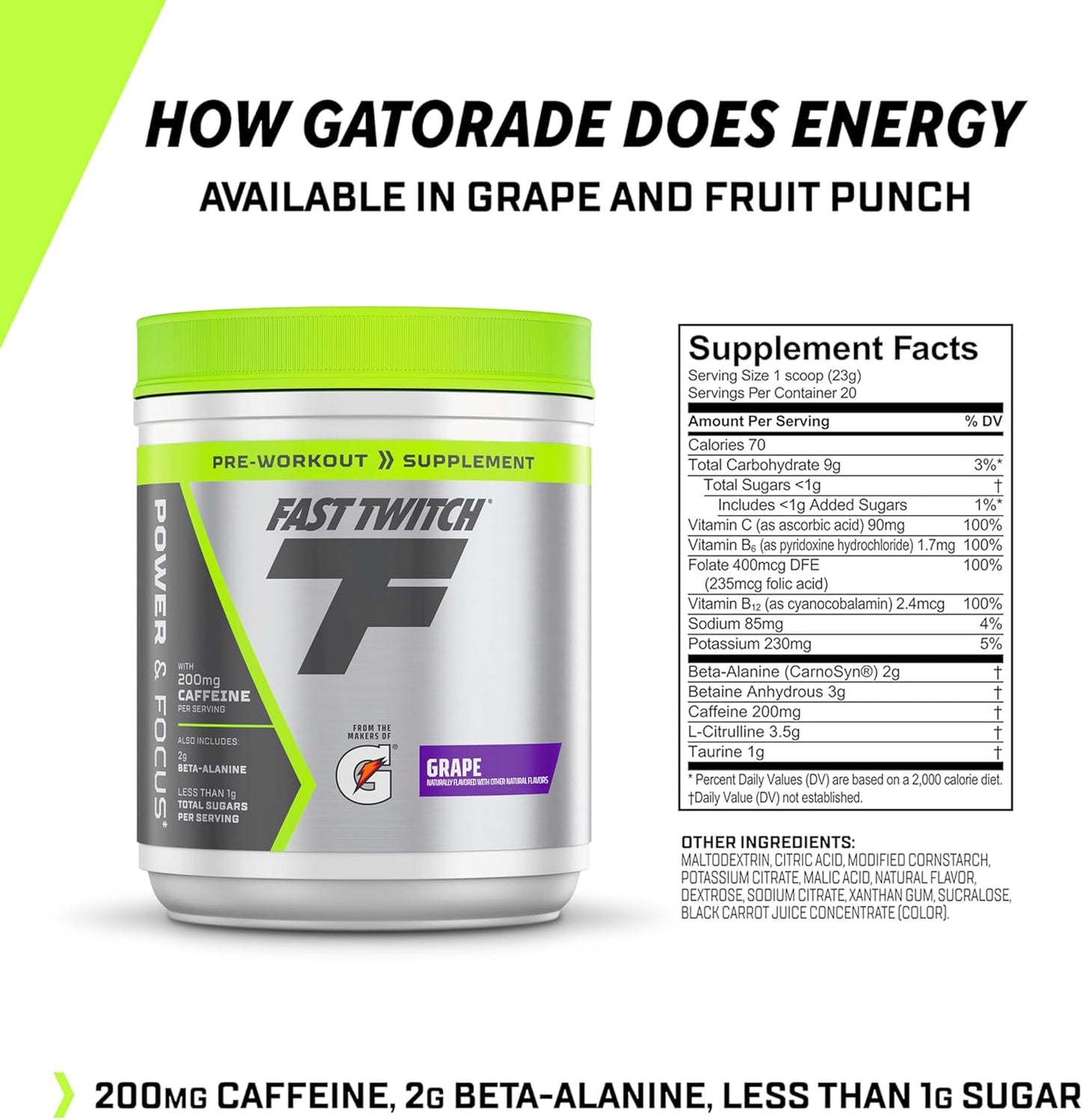 Gatorade Fast Twitch Caffeinated Pre-Workout Mix, Grape Flavor, 1.01lb - Contains L-Citrulline, Betaine, Carnosine, Vitamin B6, B12, and 200mg Caffeine