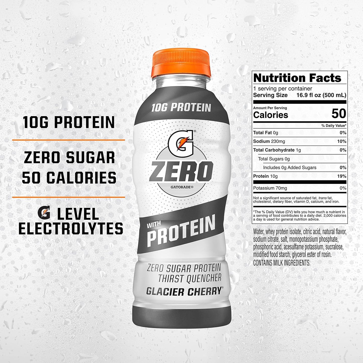 Gatorade Zero Glacier Cherry Liquid Electrolytes with 10g Whey Protein Isolate - 12 Pack of 16.9 Fl Oz Bottles