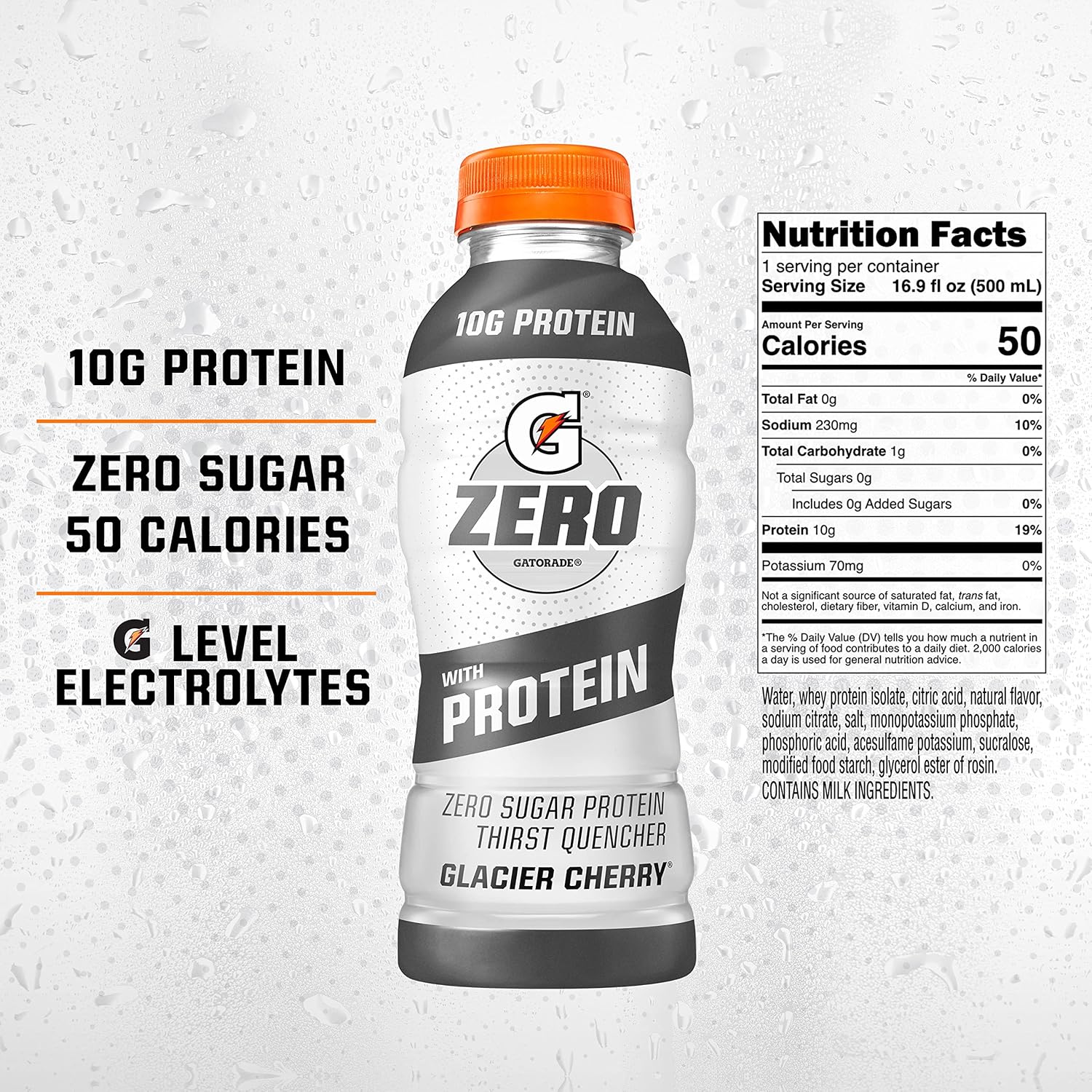Gatorade Zero Glacier Cherry Liquid Electrolytes with 10g Whey Protein Isolate - 12 Pack of 16.9 Fl Oz Bottles