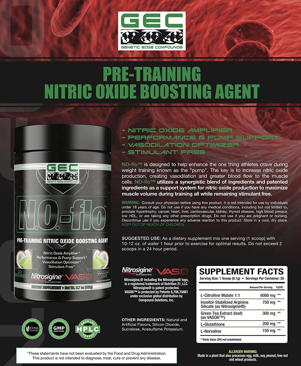 GEC N.O.- flo Nitric Oxide Supplement in Coconut Lime Flavor for Enhanced Performance