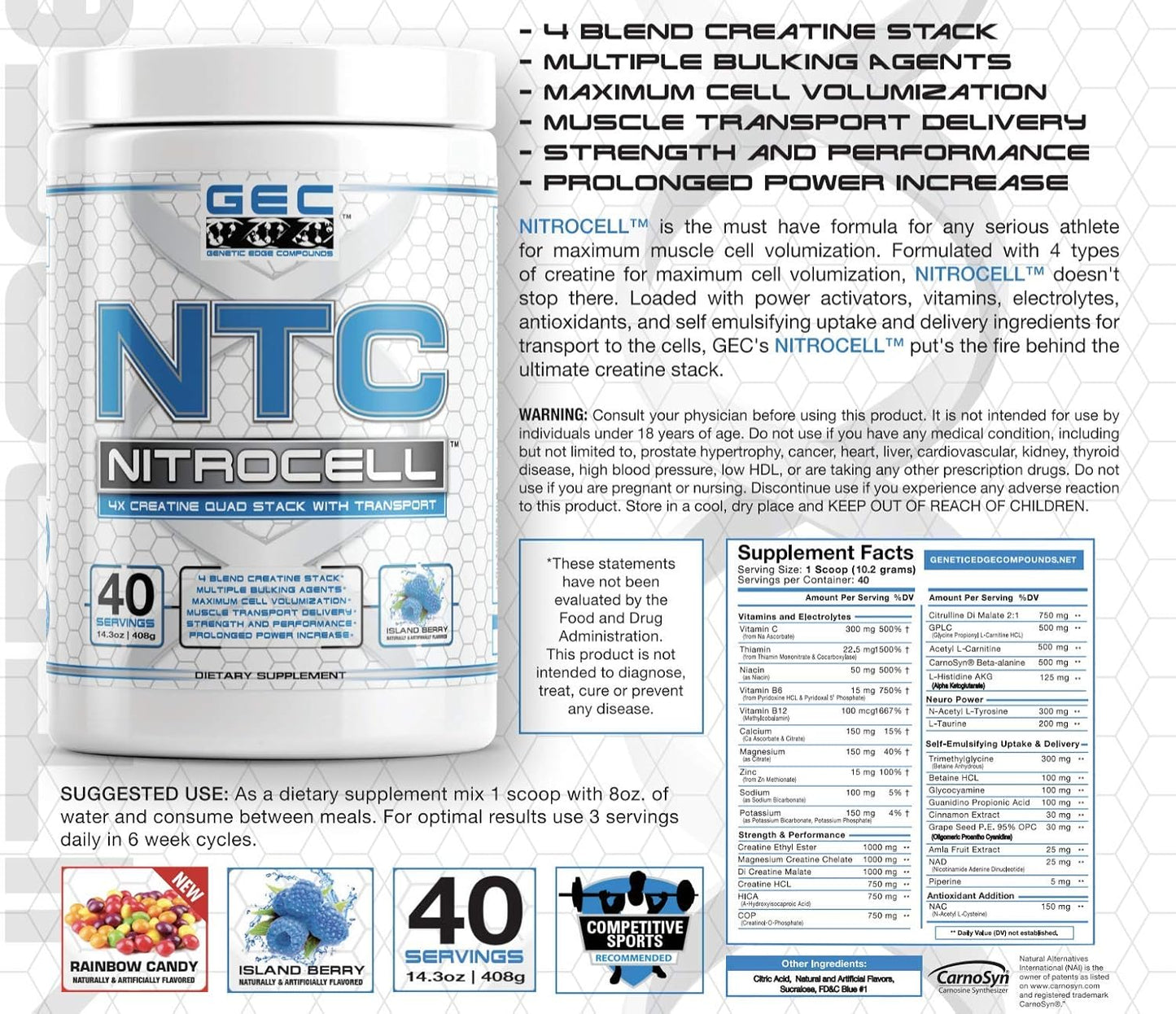 GEC NTC NITROCELL 4X CREATINE Quad Pack - Rainbow Candy Flavor - High-Quality GEC Products
