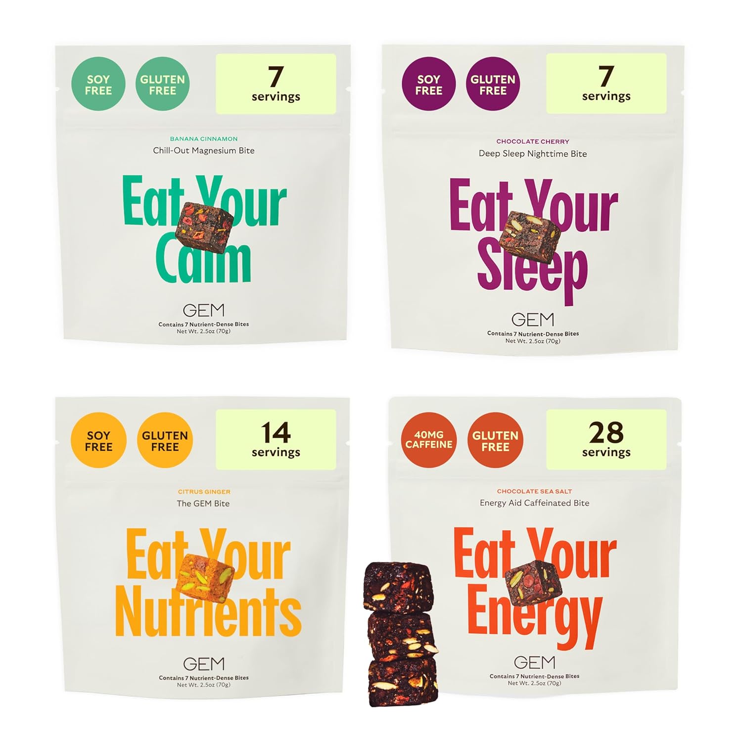 GEM Complete Routine Variety Pack: Bite, Sleep, Calm, Energy Bites (56 Total) | Non-Habit Forming | Gluten, Soy Free, Vegan