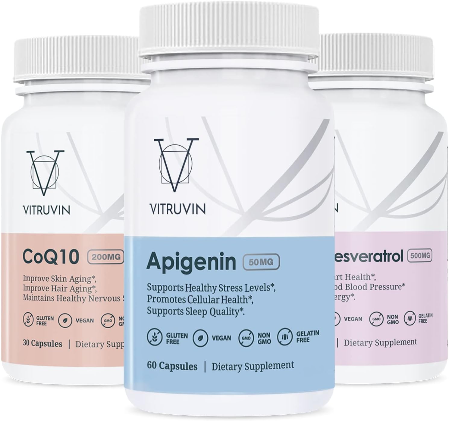 Generic Vitruvin Sport Recovery (Apigenin 2 x 50mg, COQ10 200mg, Resveratrol 500mg) Vegan, Non-GMO, Gluten-Free, Gelatin-Free.