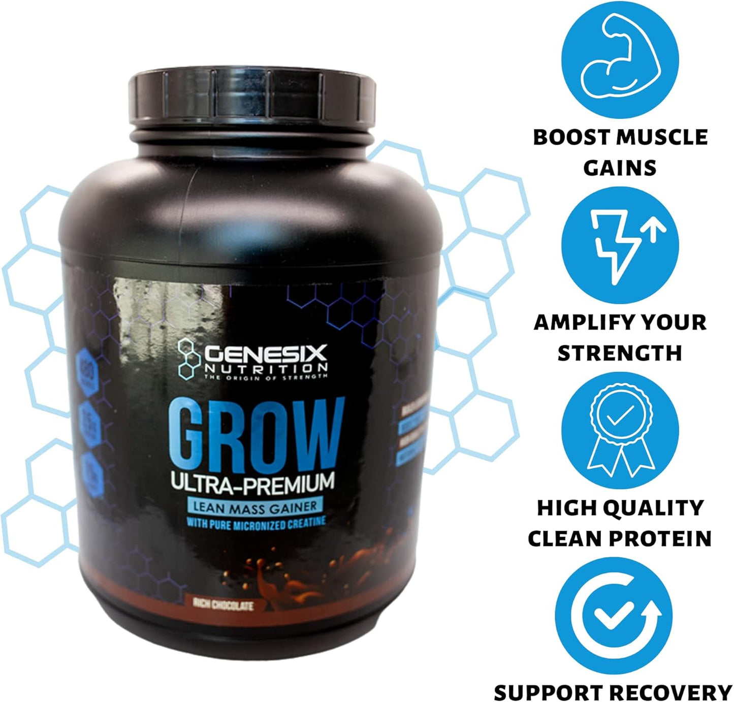 GENESIX NUTRITION Grow Protein Powder with Creatine for Muscle Growth & Recovery - Chocolate, 20 Servings, 5.3kg