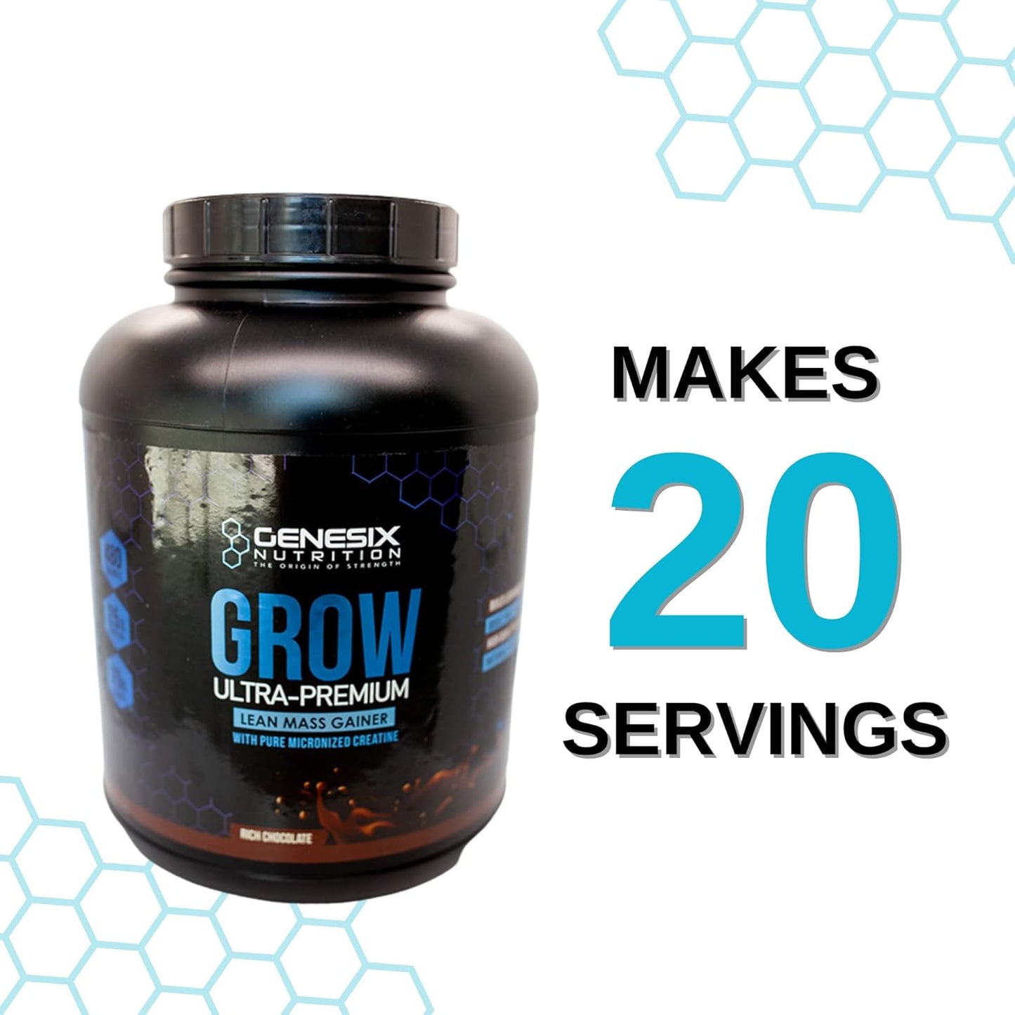 GENESIX NUTRITION Grow Protein Powder with Creatine for Muscle Growth & Recovery - Chocolate, 20 Servings, 5.3kg