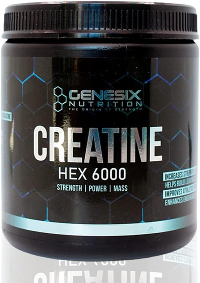 GENESIX NUTRITION HEX 6000 Creatine Monohydrate Supplement for Strength & Muscle Gains with Increased Energy - 60 Servings