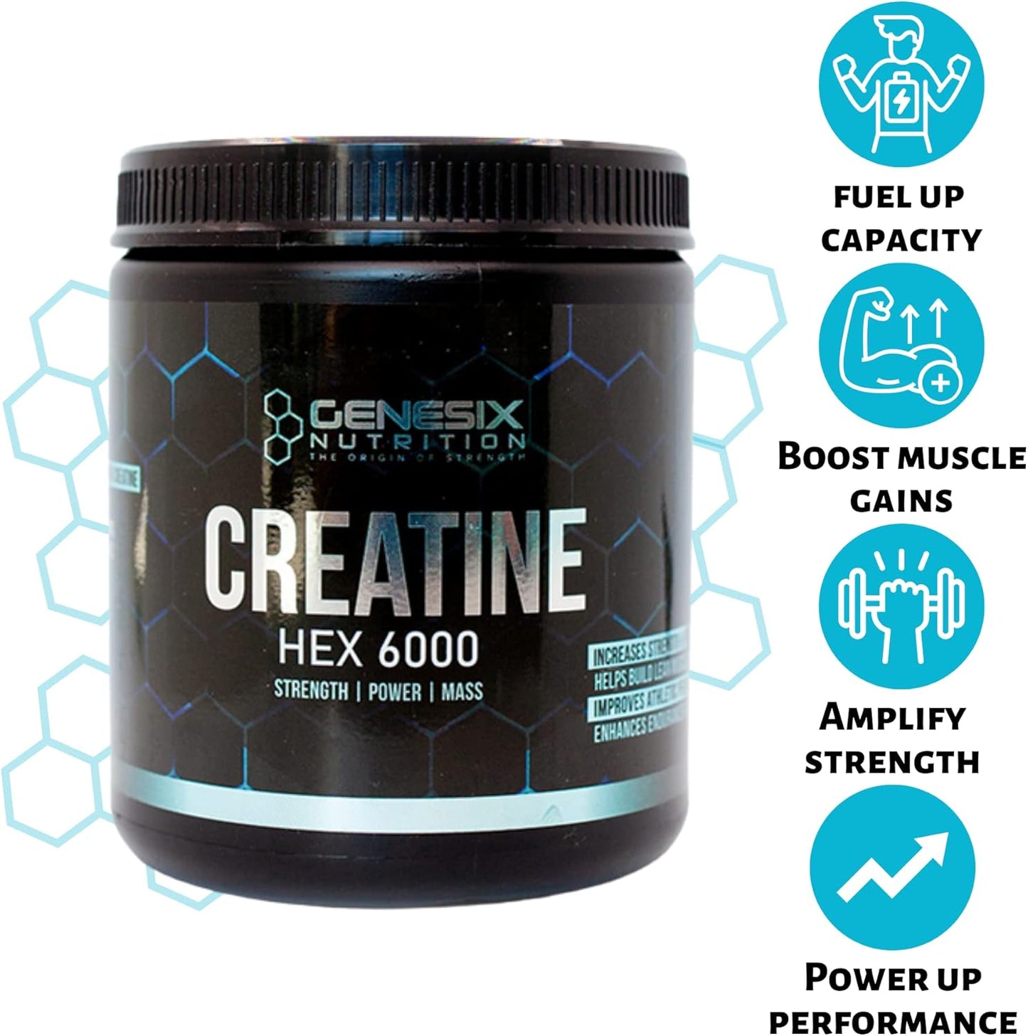 GENESIX NUTRITION HEX 6000 Creatine Monohydrate Supplement for Strength & Muscle Gains with Increased Energy - 60 Servings