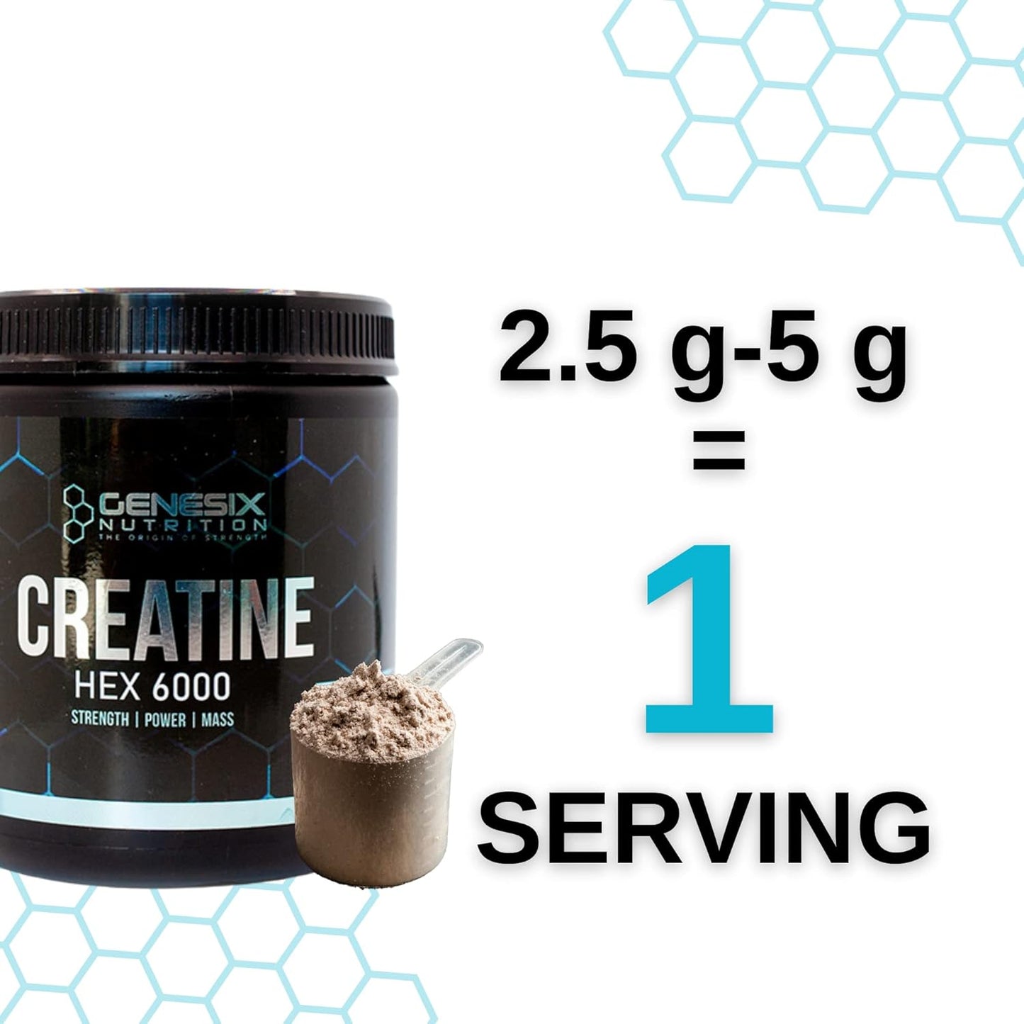 GENESIX NUTRITION HEX 6000 Creatine Monohydrate Supplement for Strength & Muscle Gains with Increased Energy - 60 Servings