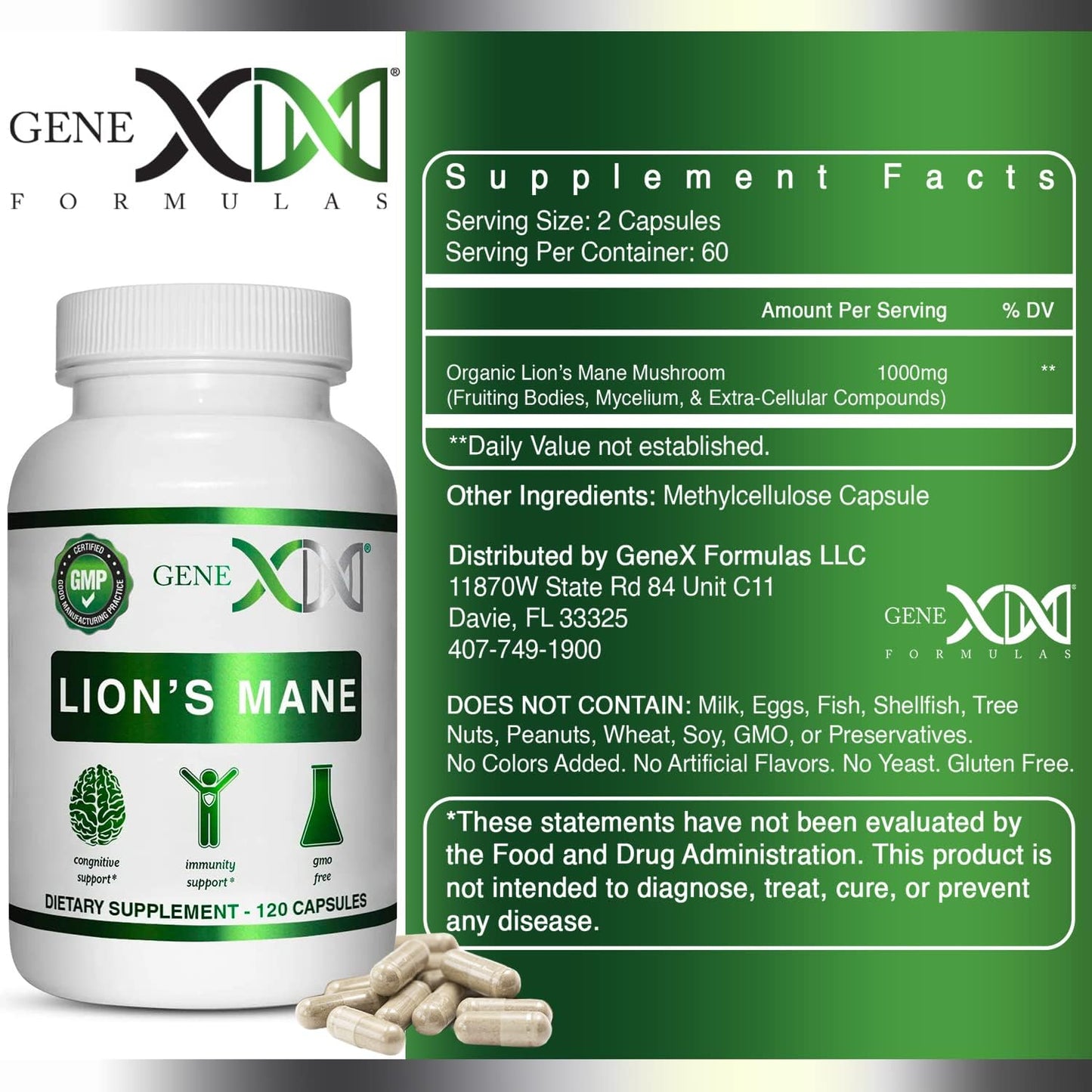 Genex Formulas Lions Mane Supplement 1000mg for Brain Boost - 3 Pack of 100% Extract Capsules for Focus, Mental Clarity, Natural Energy - Nootropic Brain Support Formula (360 Caps)