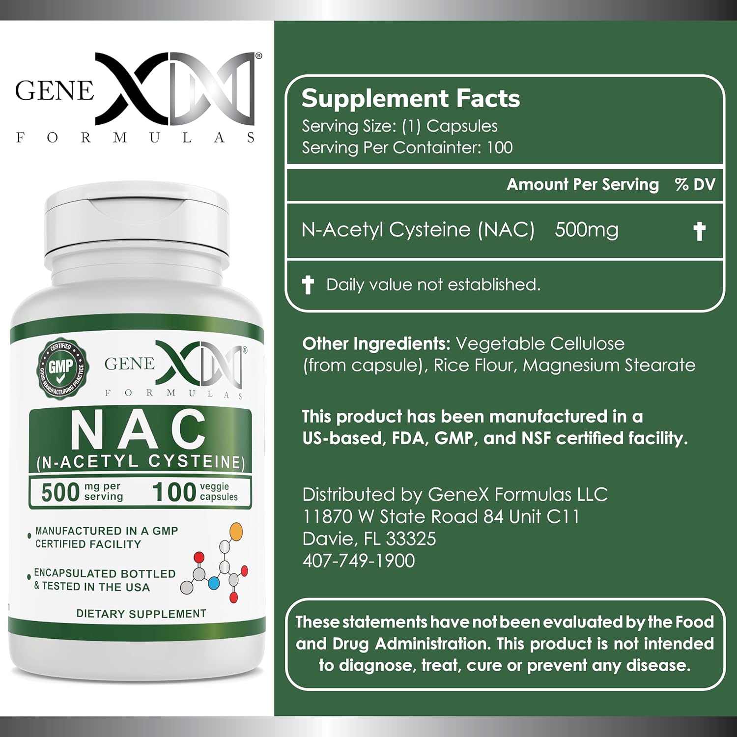 Genex Formulas NAC 500mg Capsules - N-Acetyl Cysteine for Liver Health - Non-GMO, Gluten Free, Vegan (100 Count)