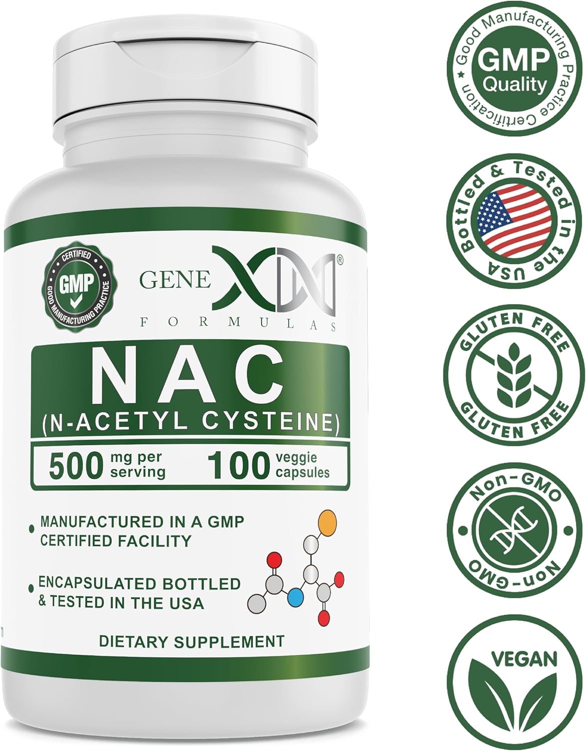 Genex Formulas NAC 500mg Capsules - N-Acetyl Cysteine for Liver Health - Non-GMO, Gluten Free, Vegan (100 Count)