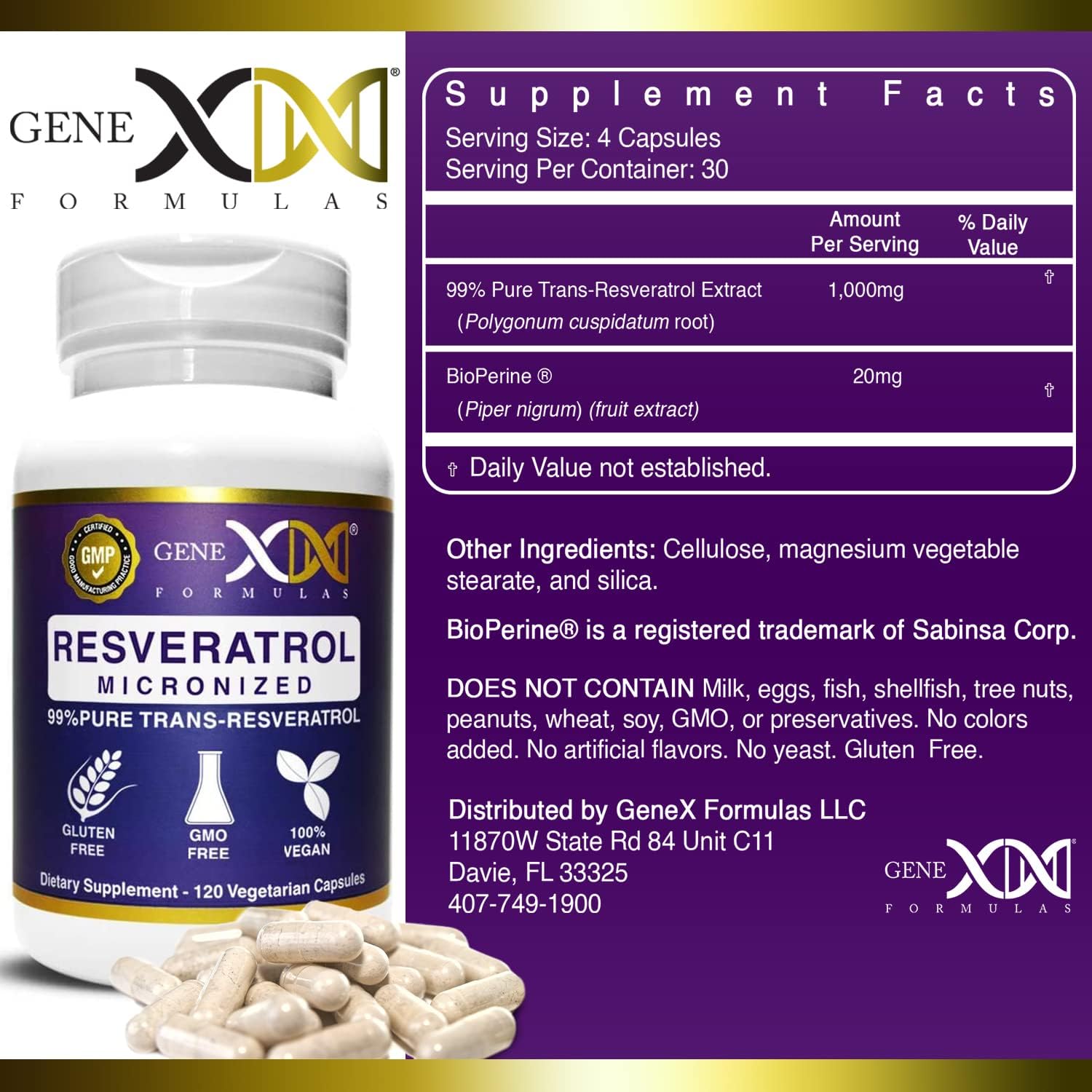 Genex Formulas Trans Resveratrol 1000mg Capsules with Bioperine Extract - Pharmaceutical Grade Trans-Resveratrol - GMP & NSF Certified - 120 Count
