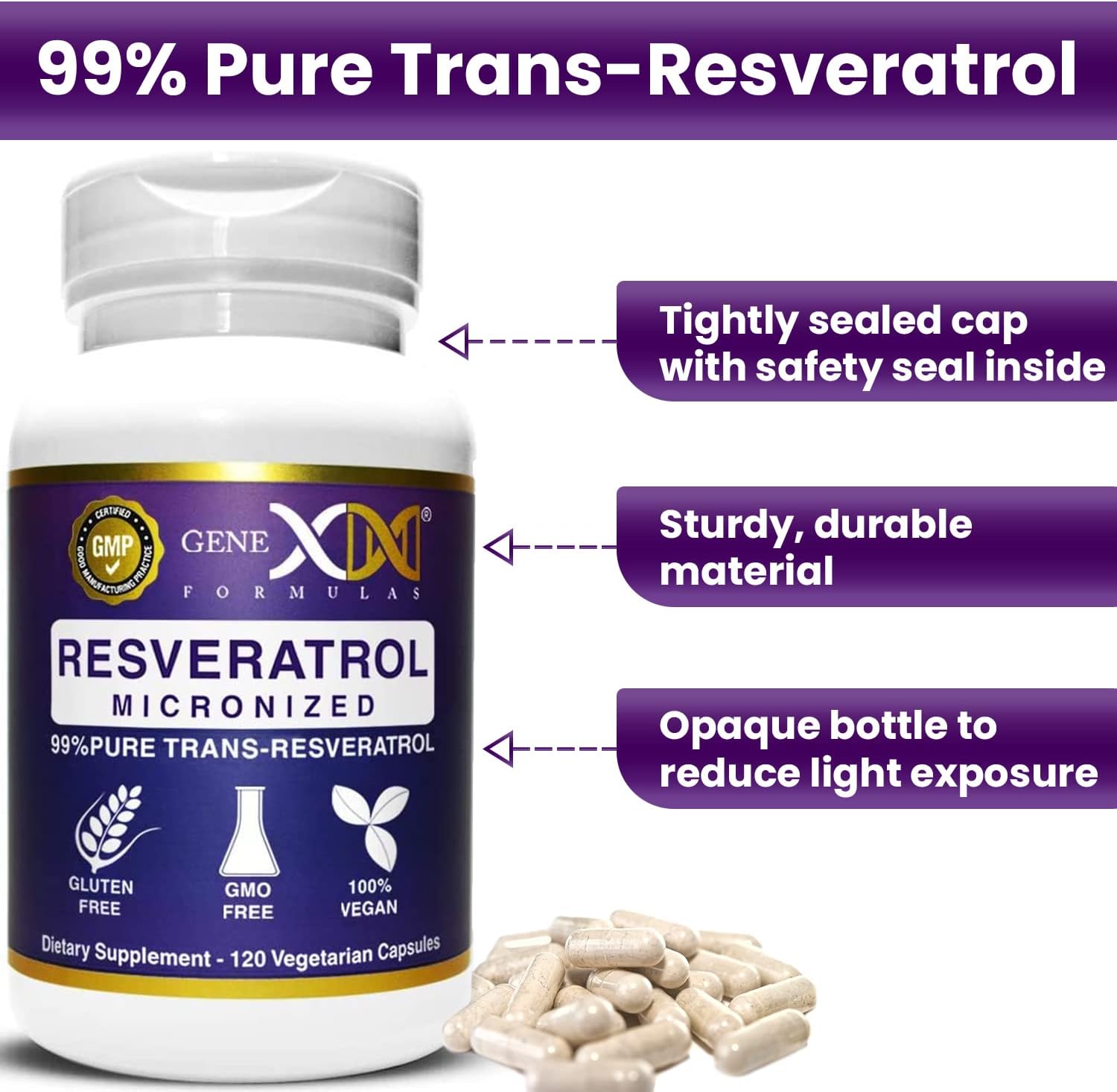 Genex Formulas Trans Resveratrol 1000mg Capsules with Bioperine Extract - Pharmaceutical Grade Trans-Resveratrol - GMP & NSF Certified - 120 Count