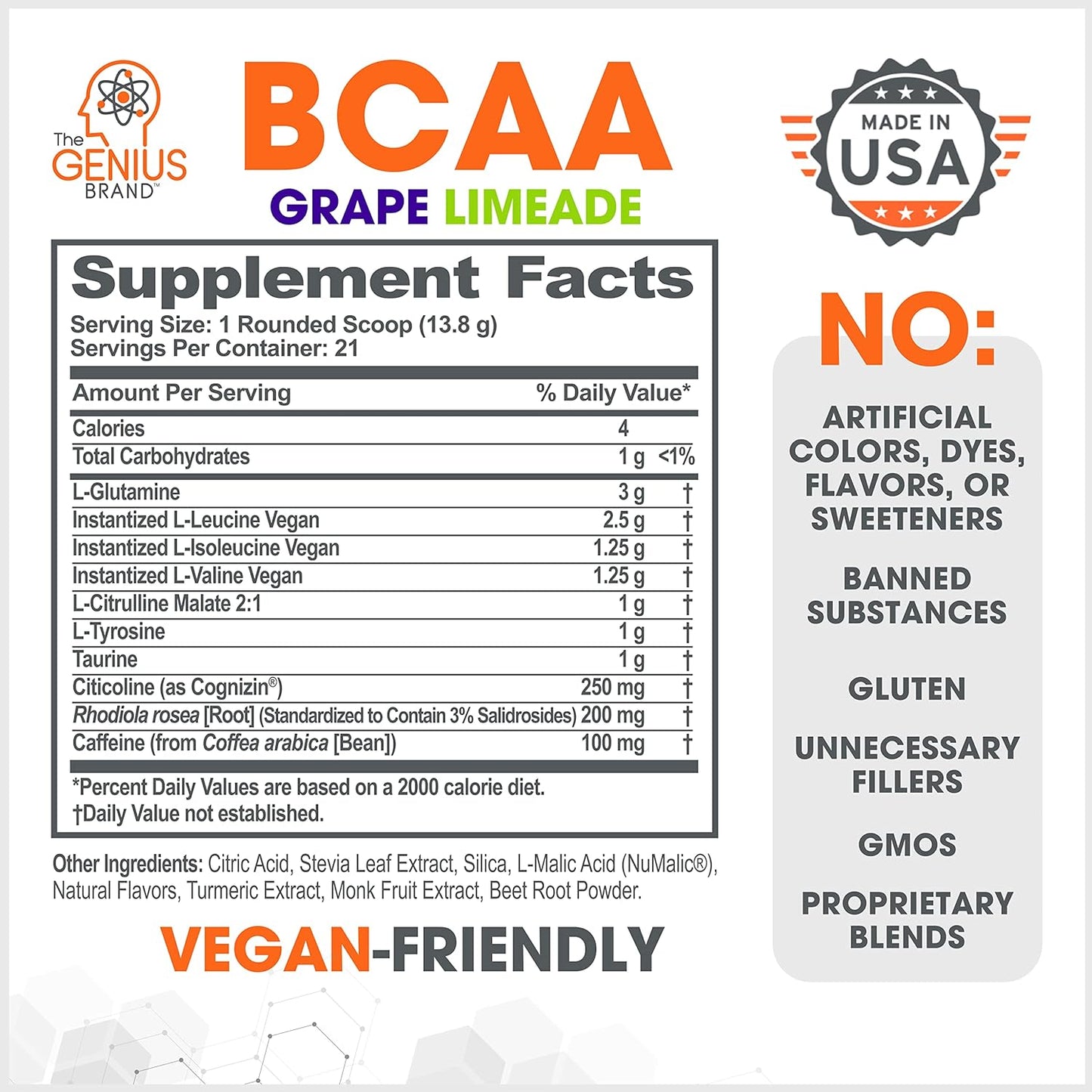 Genius BCAA Energy Powder in Grape Limeade - Natural Vegan Workout Supplement for Enhanced Muscle Recovery and Focus