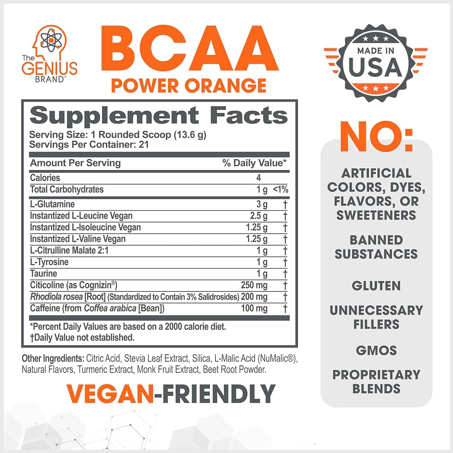 Genius BCAA Energy Powder, Orange Flavor - Vegan Nootropic Amino Acids for Muscle Recovery - Natural Workout Supplement for Women & Men - No Artificial Sweeteners - Pre, Intra, Post-Workout