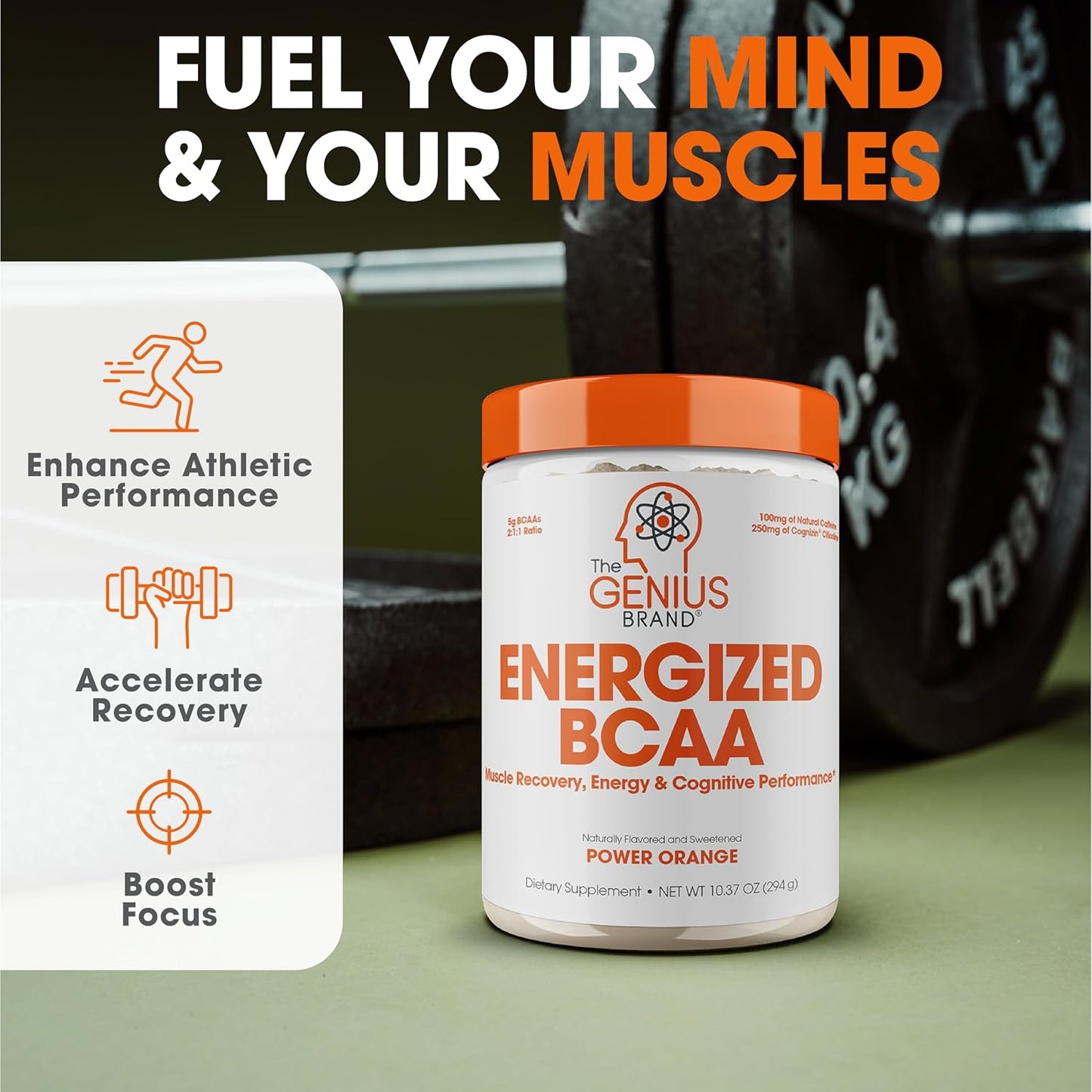 Genius BCAA Energy Powder, Orange Flavor - Vegan Nootropic Amino Acids for Muscle Recovery - Natural Workout Supplement for Women & Men - No Artificial Sweeteners - Pre, Intra, Post-Workout