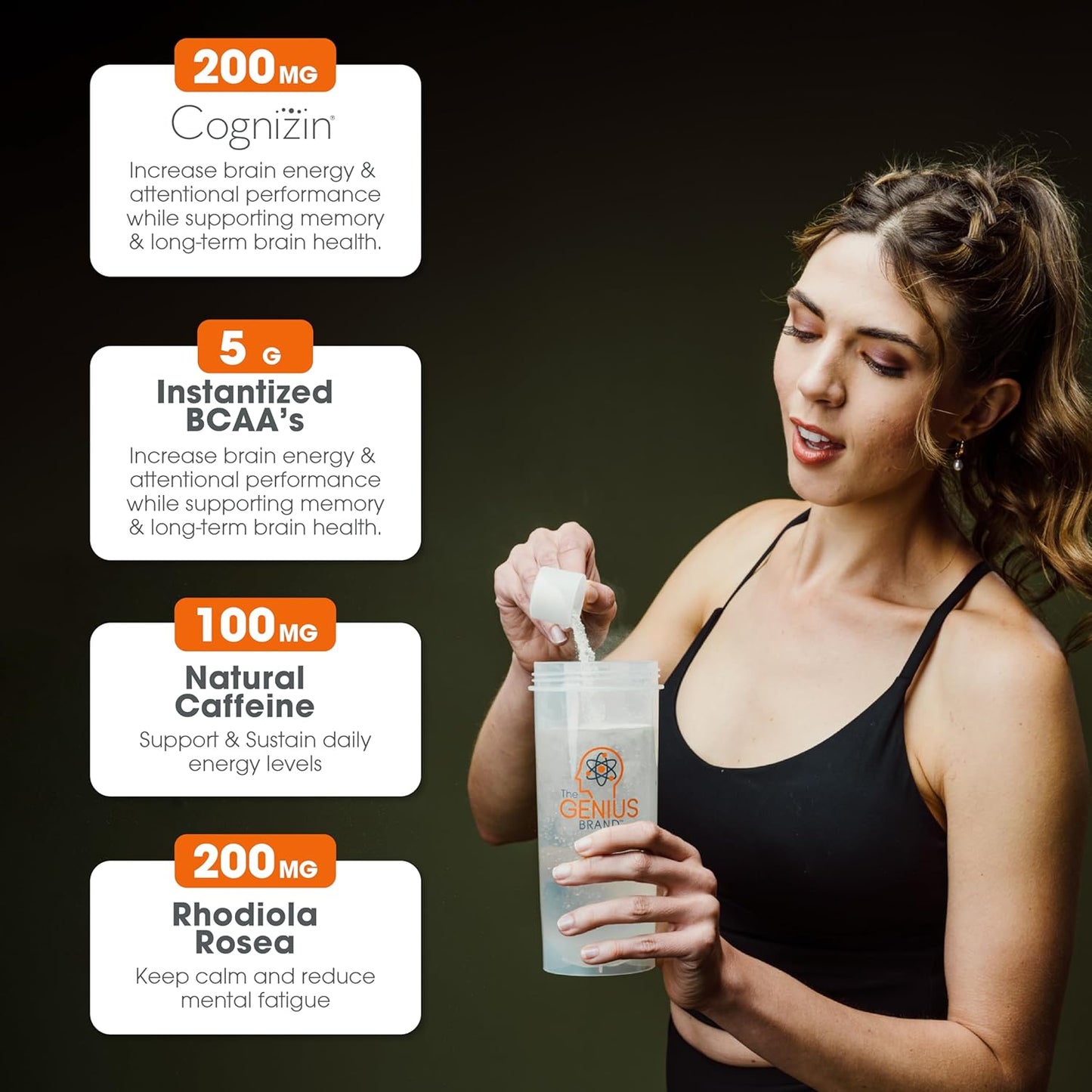 Genius BCAA Energy Powder, Orange Flavor - Vegan Nootropic Amino Acids for Muscle Recovery - Natural Workout Supplement for Women & Men - No Artificial Sweeteners - Pre, Intra, Post-Workout