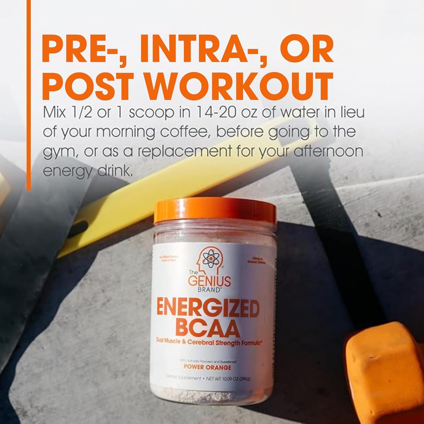 Genius BCAA Energy Powder, Orange Flavor - Vegan Nootropic Amino Acids for Muscle Recovery - Natural Workout Supplement for Women & Men - No Artificial Sweeteners - Pre, Intra, Post-Workout