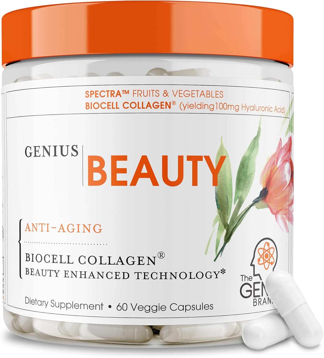 Genius Beauty Hair Skin Nails Vitamins - Anti-Aging Antioxidant Supplement with Collagen, Glutathione & Astaxanthin for Detox & Healthy Skin - 60 Capsules