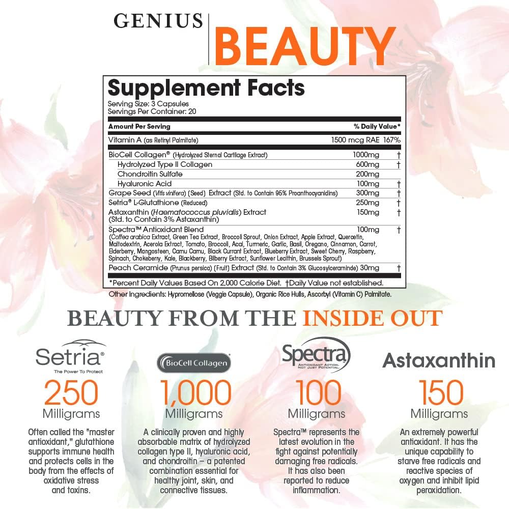 Genius Beauty Hair Skin Nails Vitamins - Anti-Aging Antioxidant Supplement with Collagen, Glutathione & Astaxanthin for Detox & Healthy Skin - 60 Capsules