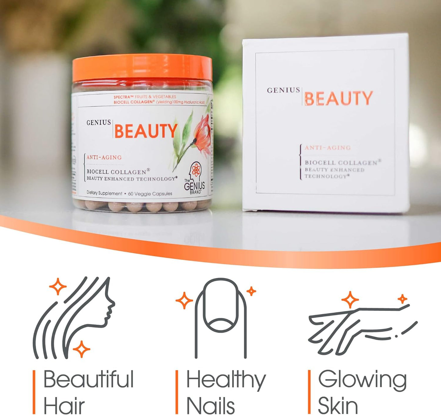 Genius Beauty Hair Skin Nails Vitamins - Anti-Aging Antioxidant Supplement with Collagen, Glutathione & Astaxanthin for Detox & Healthy Skin - 60 Capsules