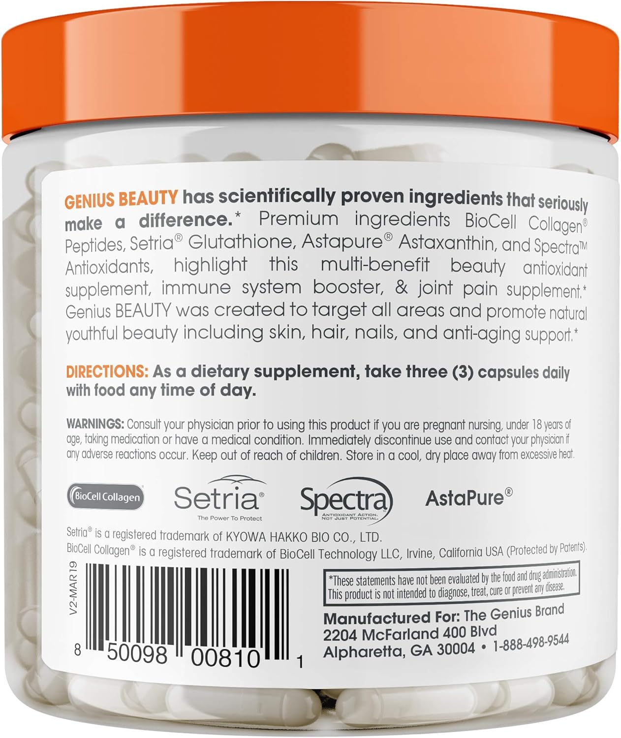 Genius Beauty Hair Skin Nails Vitamins - Anti-Aging Antioxidant Supplement with Collagen, Glutathione & Astaxanthin for Detox & Healthy Skin - 60 Capsules