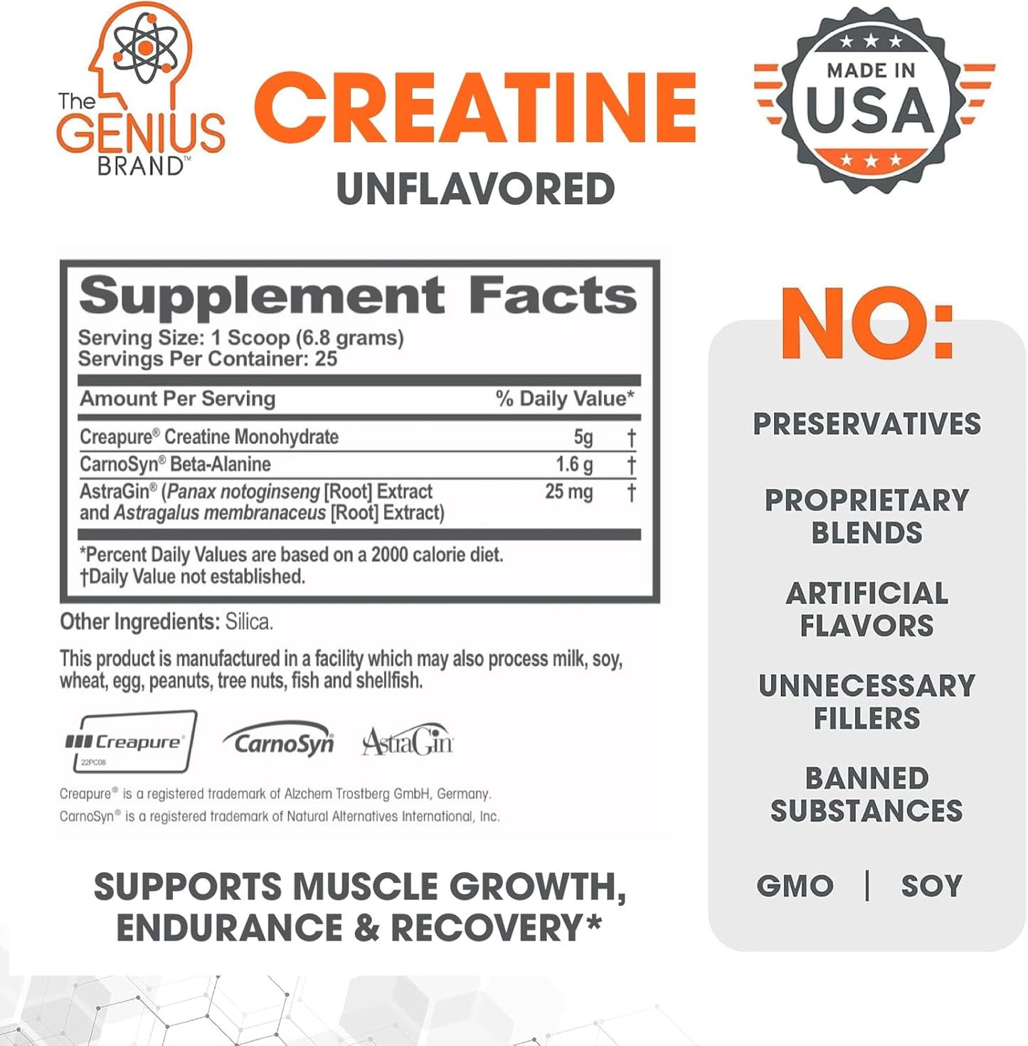 Genius Brand Micronized Creatine Monohydrate Powder 170g - Post Workout Supplement for Muscle Building & Cognitive Function - Unflavored & Naturally Sweetened