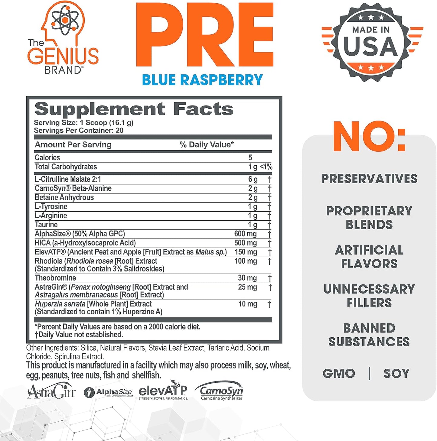 Genius Brand Pre Workout Powder and Micronized Creatine Monohydrate Stack - Blue Razz Flavor and All Natural Unflavored Supplement