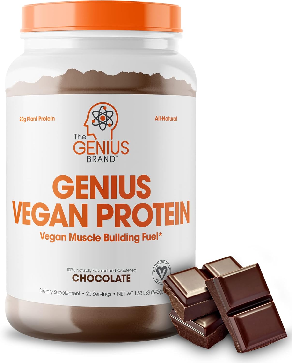 Genius Brand Vegan Protein Powder, Chocolate - Plant-Based Shake for Lean Muscle - Pea & Pumpkin Protein - Dairy-Free & Sweetened Naturally