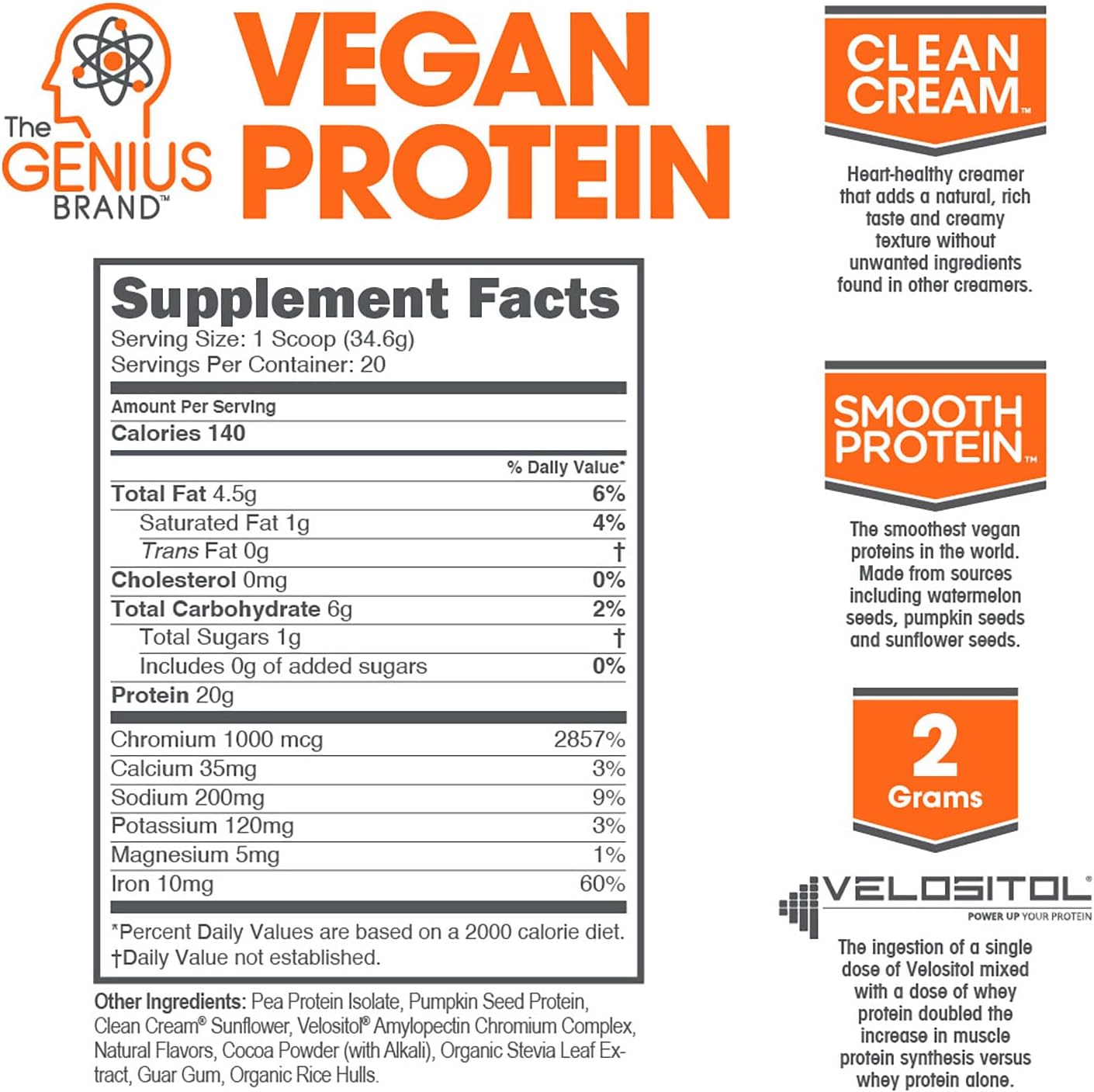 Genius Brand Vegan Protein Powder, Chocolate - Plant-Based Shake for Lean Muscle - Pea & Pumpkin Protein - Dairy-Free & Sweetened Naturally