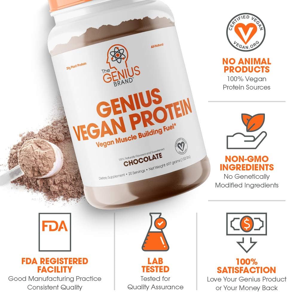Genius Brand Vegan Protein Powder, Chocolate - Plant-Based Shake for Lean Muscle - Pea & Pumpkin Protein - Dairy-Free & Sweetened Naturally