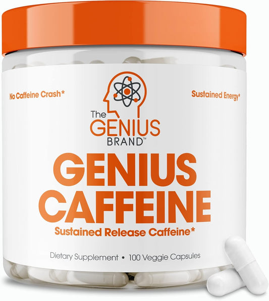 Genius Caffeine Pills 100mg - Extended-Release Microencapsulated Energy Supplement - Nootropic Brain Booster with Sustained Focus & Concentration - 100 Capsules