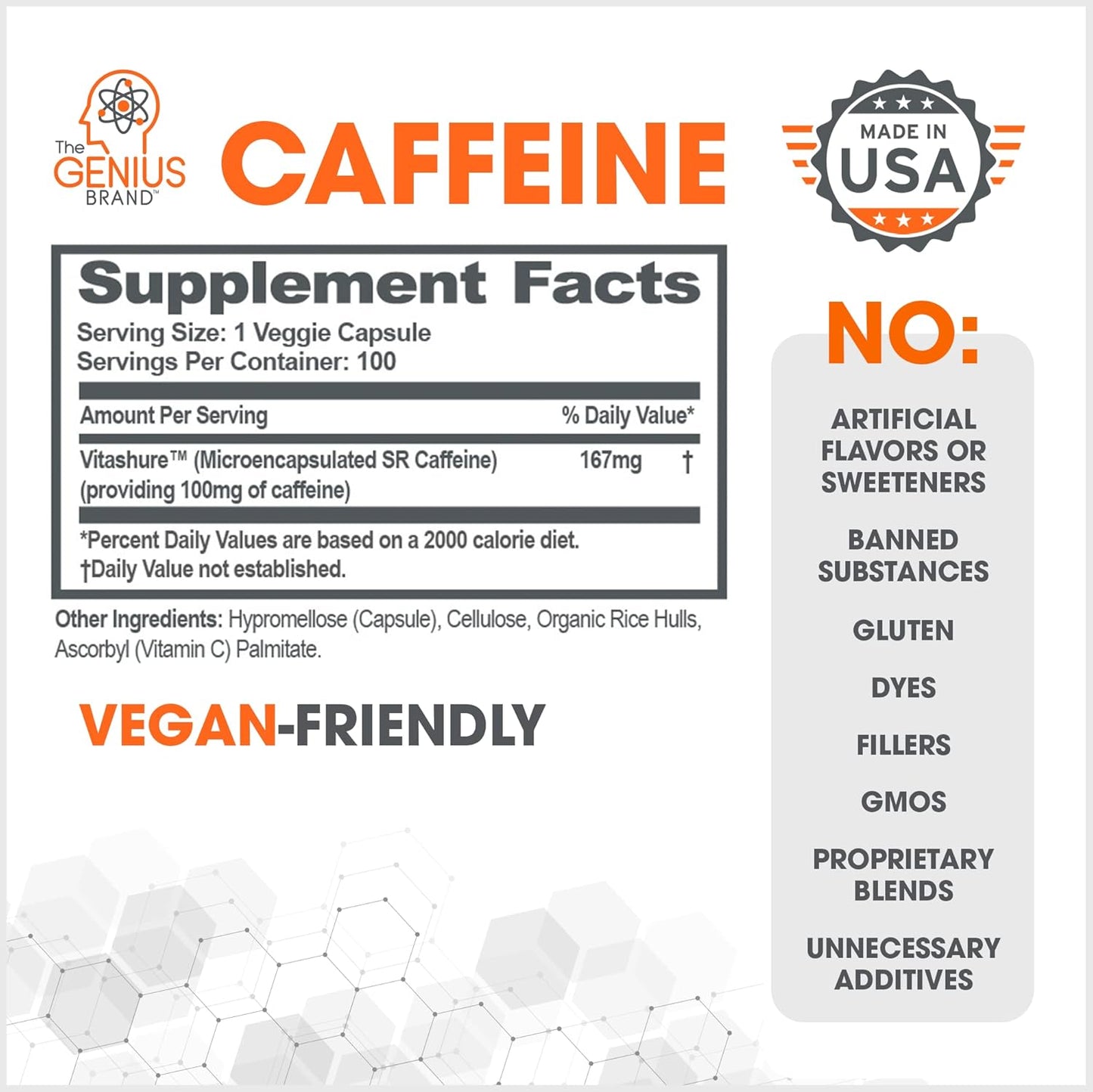 Genius Caffeine Pills 100mg - Extended-Release Microencapsulated Energy Supplement - Nootropic Brain Booster with Sustained Focus & Concentration - 100 Capsules