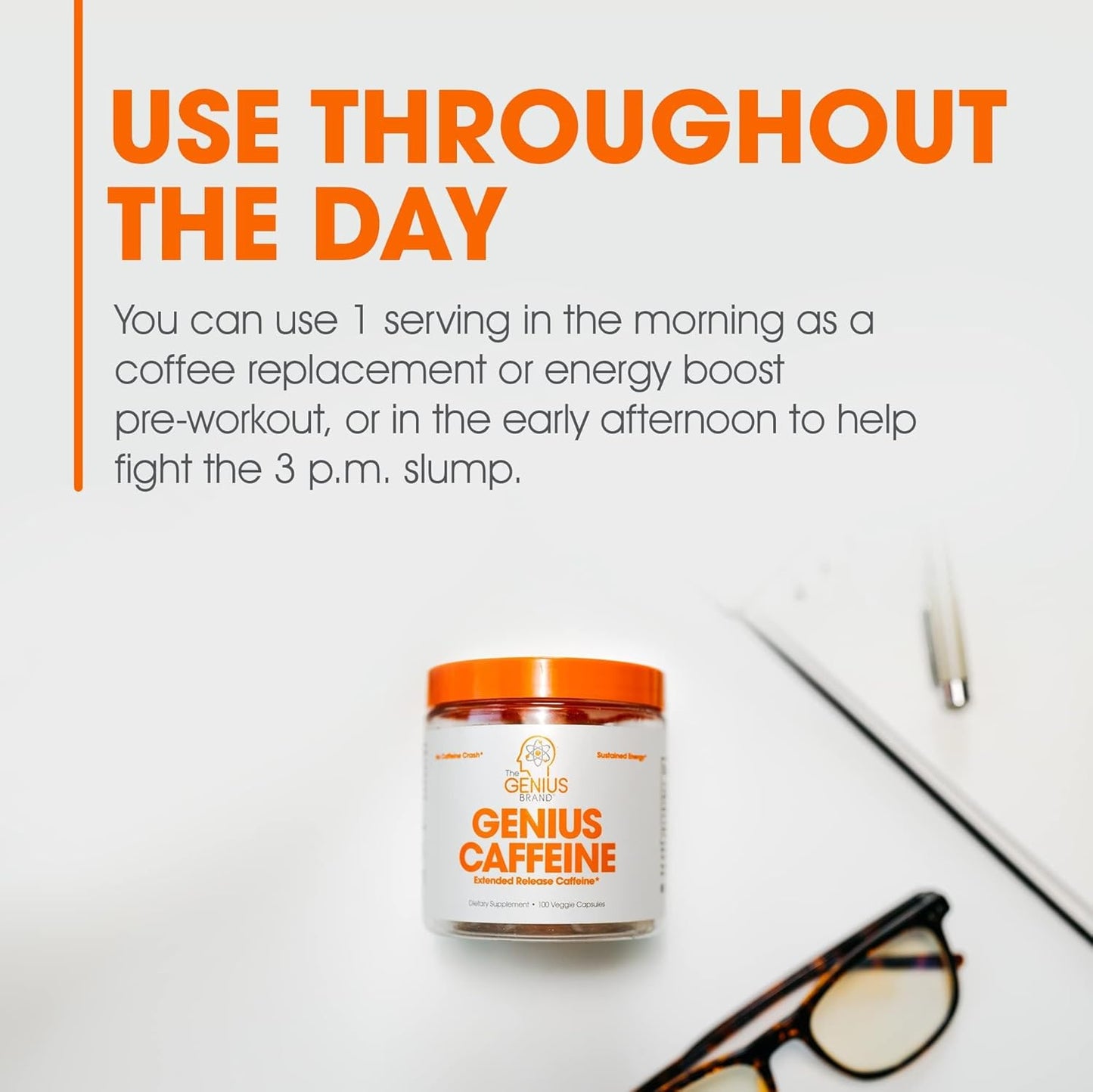 Genius Caffeine Pills 100mg - Extended-Release Microencapsulated Energy Supplement - Nootropic Brain Booster with Sustained Focus & Concentration - 100 Capsules
