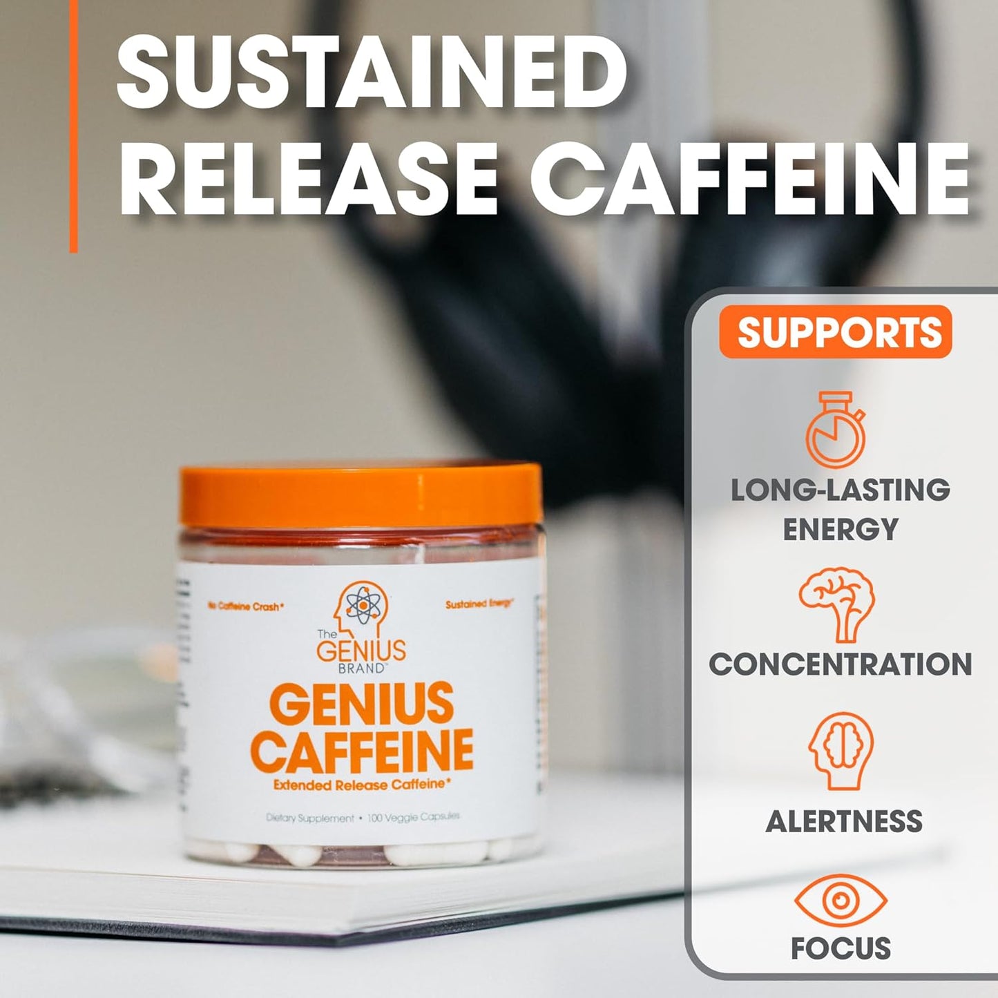 Genius Caffeine Pills 100mg - Extended-Release Microencapsulated Energy Supplement - Nootropic Brain Booster with Sustained Focus & Concentration - 100 Capsules