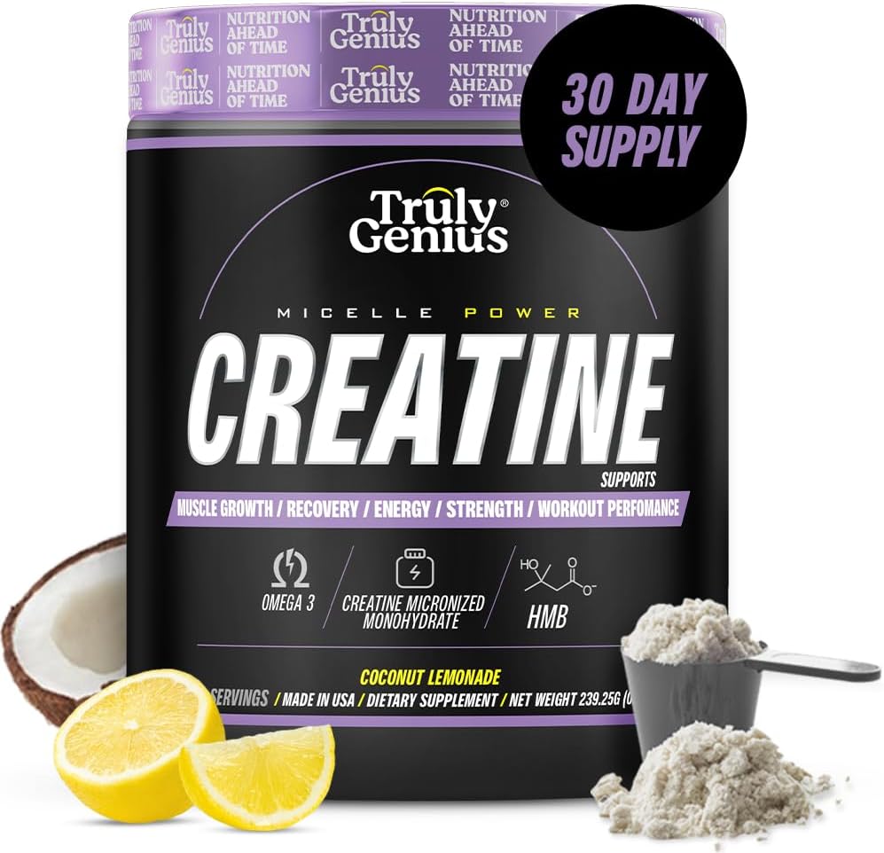 Genius Creatine Monohydrate Powder with Omega 3 & HMB for High Absorption - Energy & Muscle Repair Support - 30 Servings, 211g