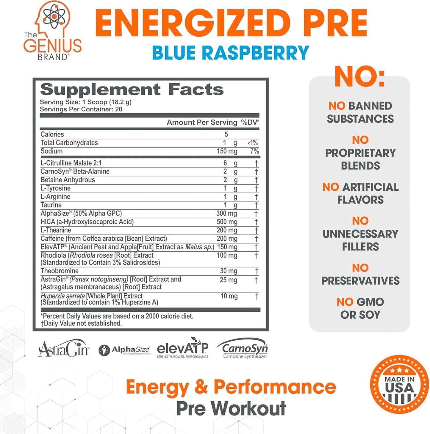 Genius Energized Pre-Workout Powder, Blue Raspberry Flavor - Beta Alanine & Alpha GPC Supplement with 200mg Caffeine - No Artificial Sweeteners