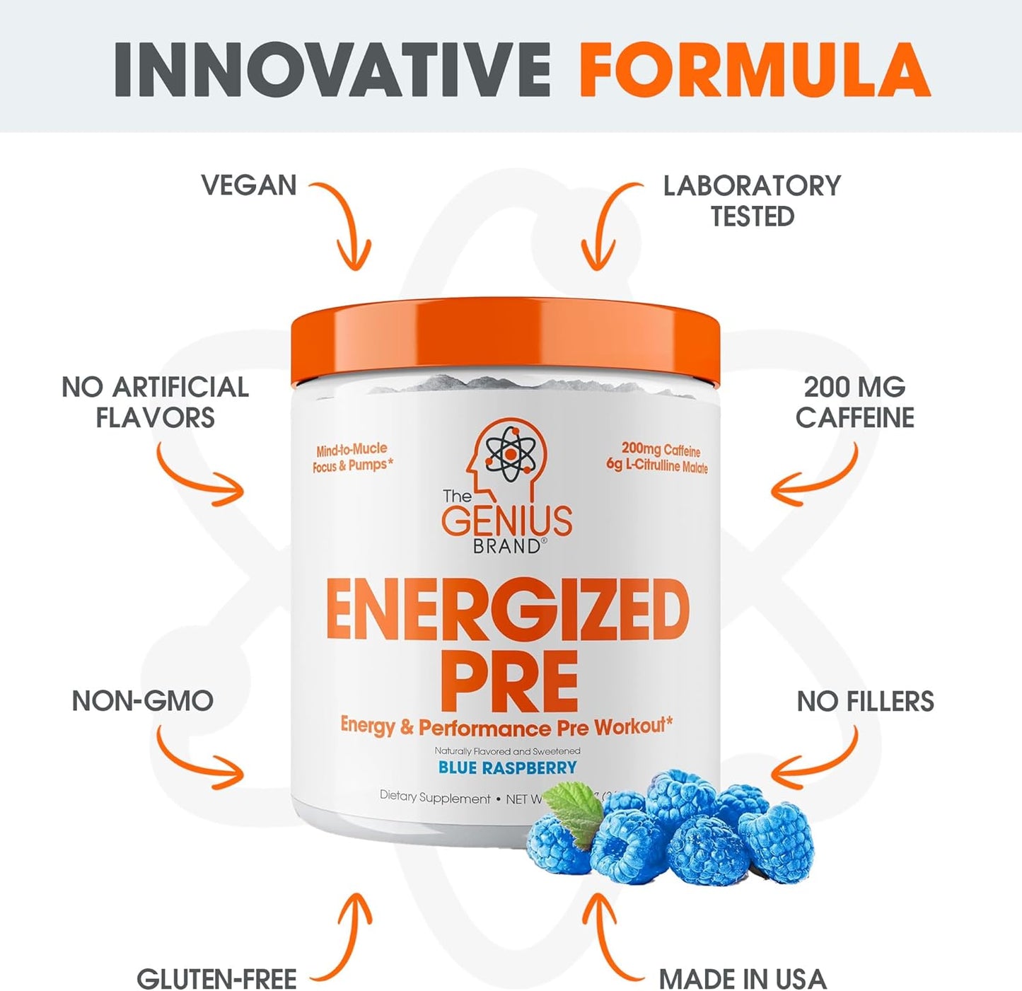 Genius Energized Pre-Workout Powder, Blue Raspberry Flavor - Beta Alanine & Alpha GPC Supplement with 200mg Caffeine - No Artificial Sweeteners