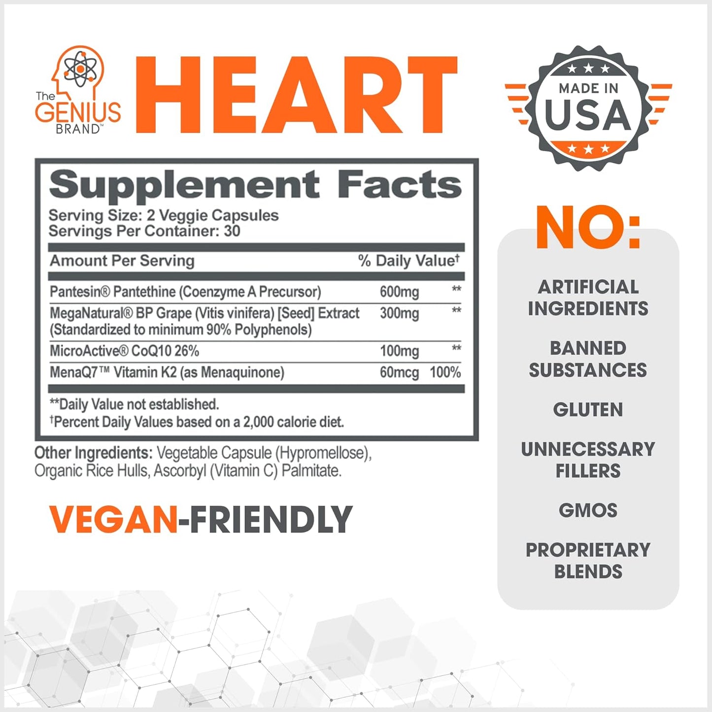 Genius Heart Supplement - 60 Veggie Pills for Natural Cholesterol & Blood Pressure Support with Grape Seed Extract, Vitamin K2, CoQ10