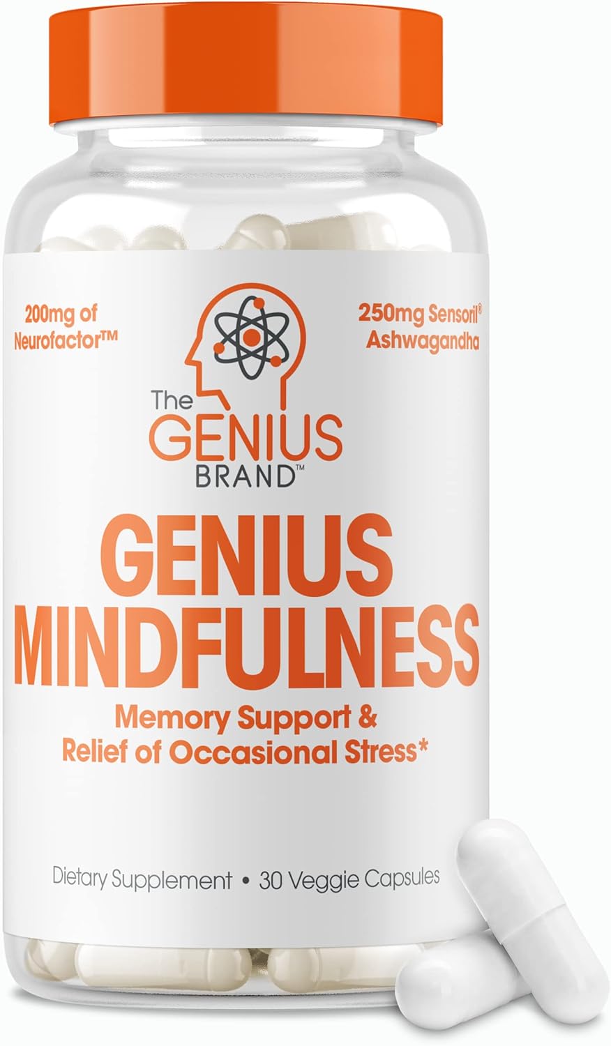 Genius Mindfulness Natural Calming Supplement with Ashwagandha, NeuroFactor, & Blueberry Extract - Cognitive Brain Booster for Memory, Focus & Energy - 30 Capsules