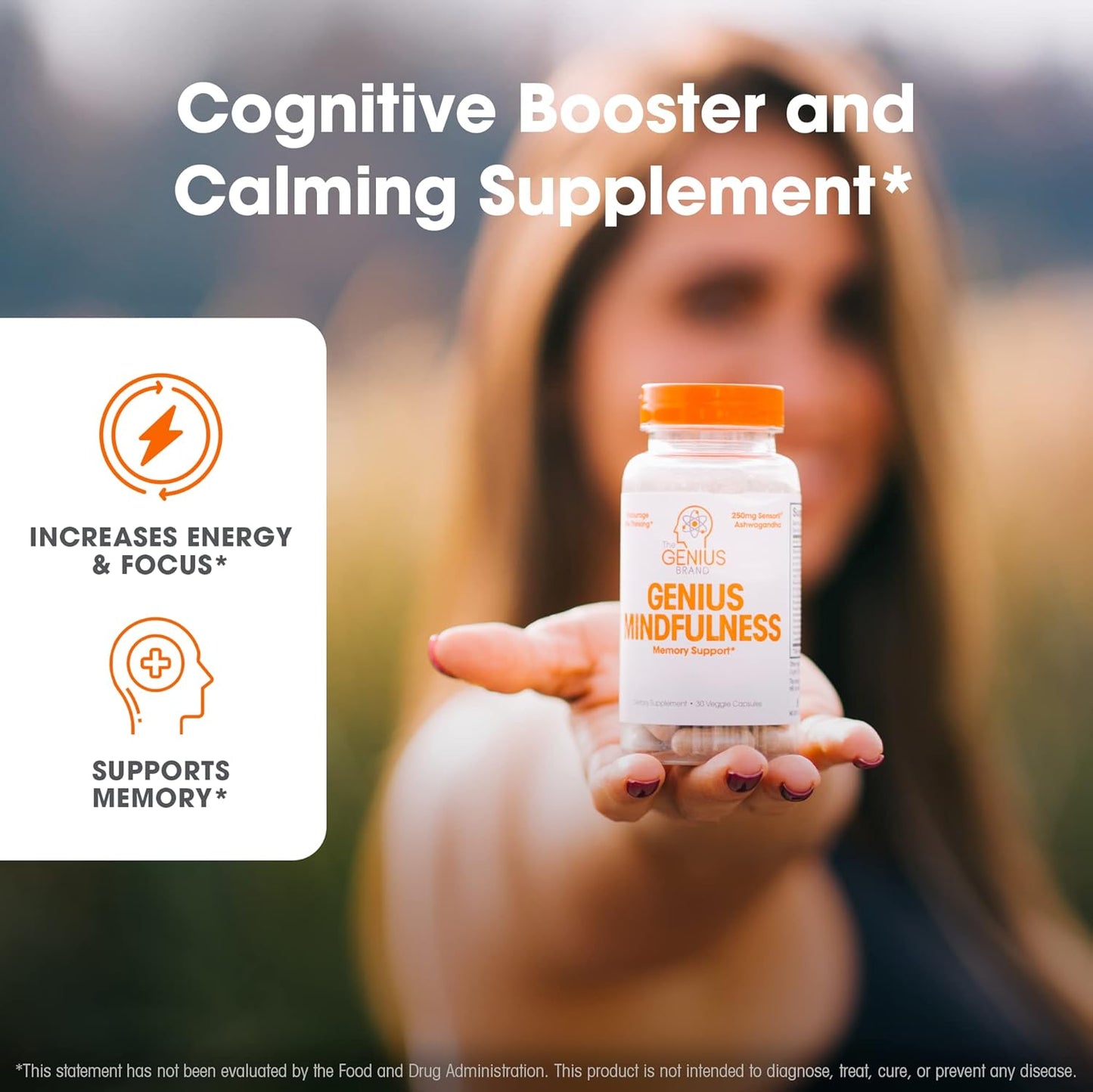 Genius Mindfulness Natural Calming Supplement with Ashwagandha, NeuroFactor, & Blueberry Extract - Cognitive Brain Booster for Memory, Focus & Energy - 30 Capsules