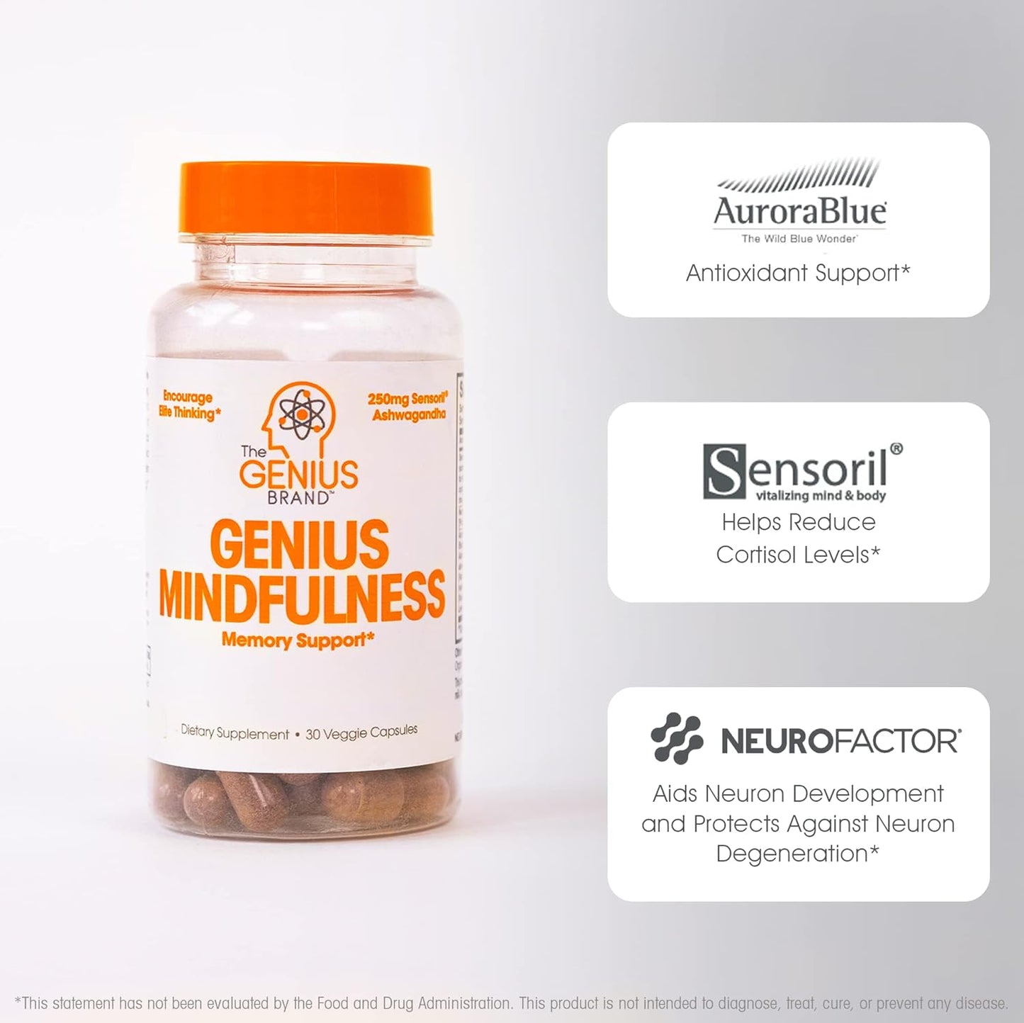 Genius Mindfulness Natural Calming Supplement with Ashwagandha, NeuroFactor, & Blueberry Extract - Cognitive Brain Booster for Memory, Focus & Energy - 30 Capsules
