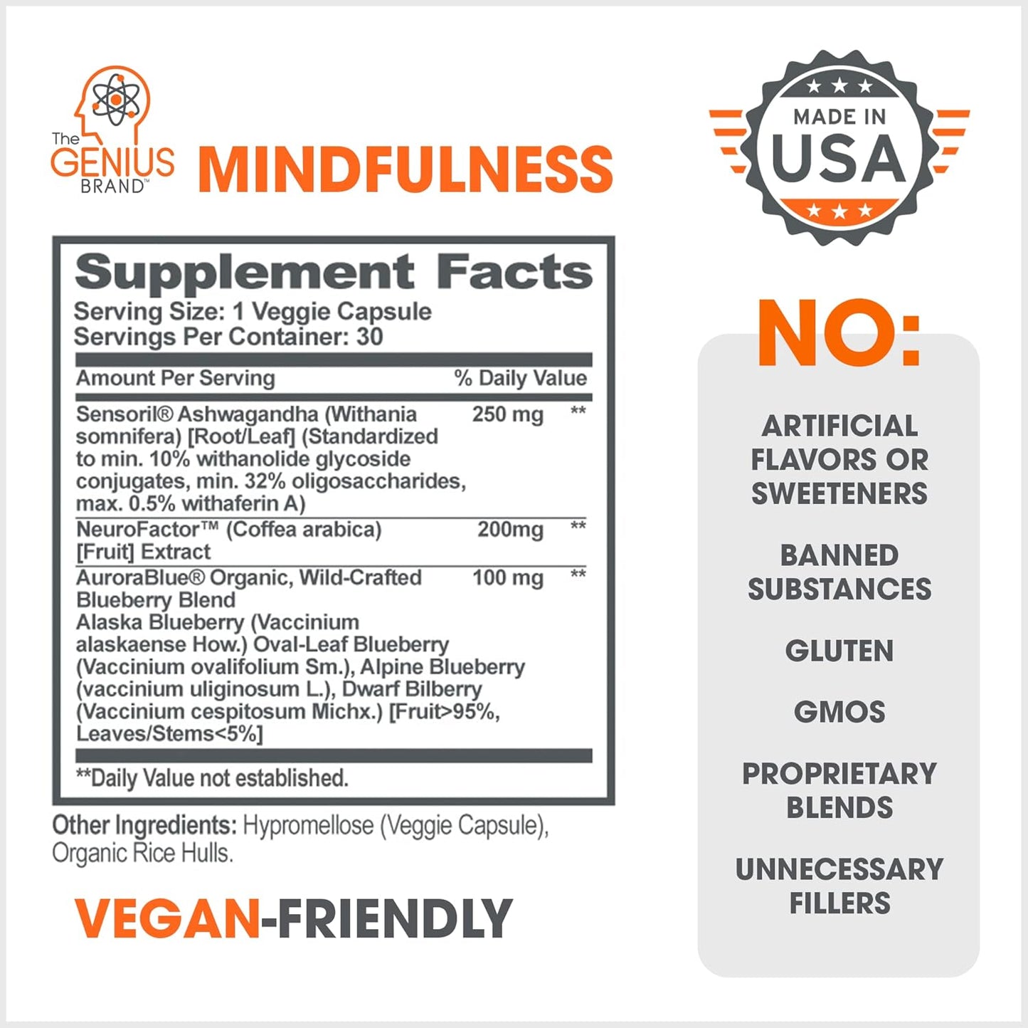 Genius Mindfulness Natural Calming Supplement with Ashwagandha, NeuroFactor, & Blueberry Extract - Cognitive Brain Booster for Memory, Focus & Energy - 30 Capsules