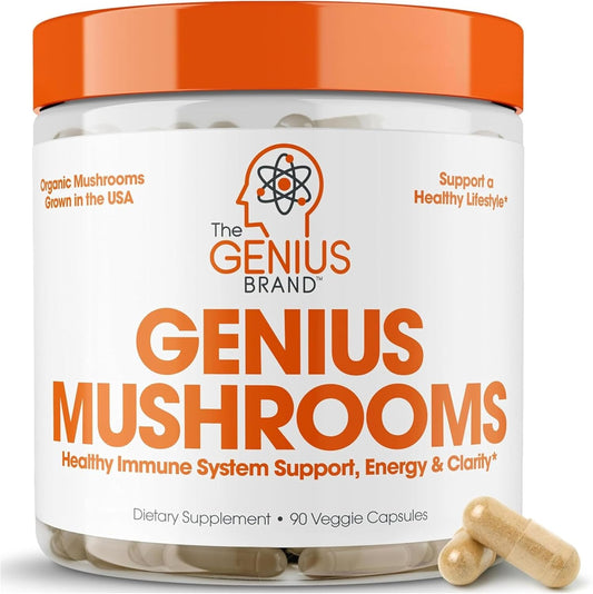 Genius Mushroom Supplement with Lions Mane, Cordyceps, Reishi - Brain Nootropic for Energy, Focus, Wellness, Immune Support - 90 Capsules