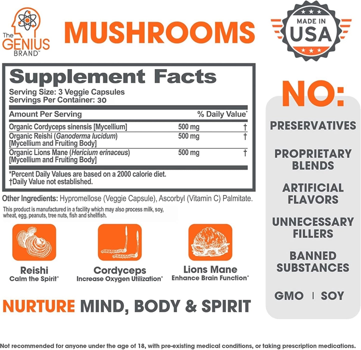 Genius Mushroom Supplement with Lions Mane, Cordyceps, Reishi - Brain Nootropic for Energy, Focus, Wellness, Immune Support - 90 Capsules