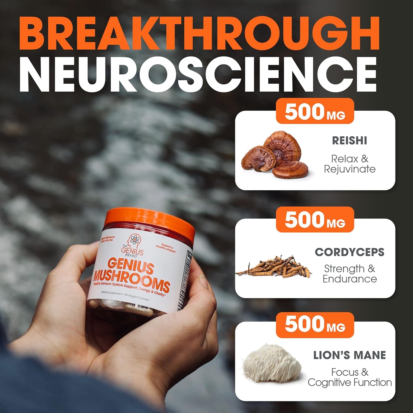 Genius Mushroom Supplement with Lions Mane, Cordyceps, Reishi - Brain Nootropic for Energy, Focus, Wellness, Immune Support - 90 Capsules